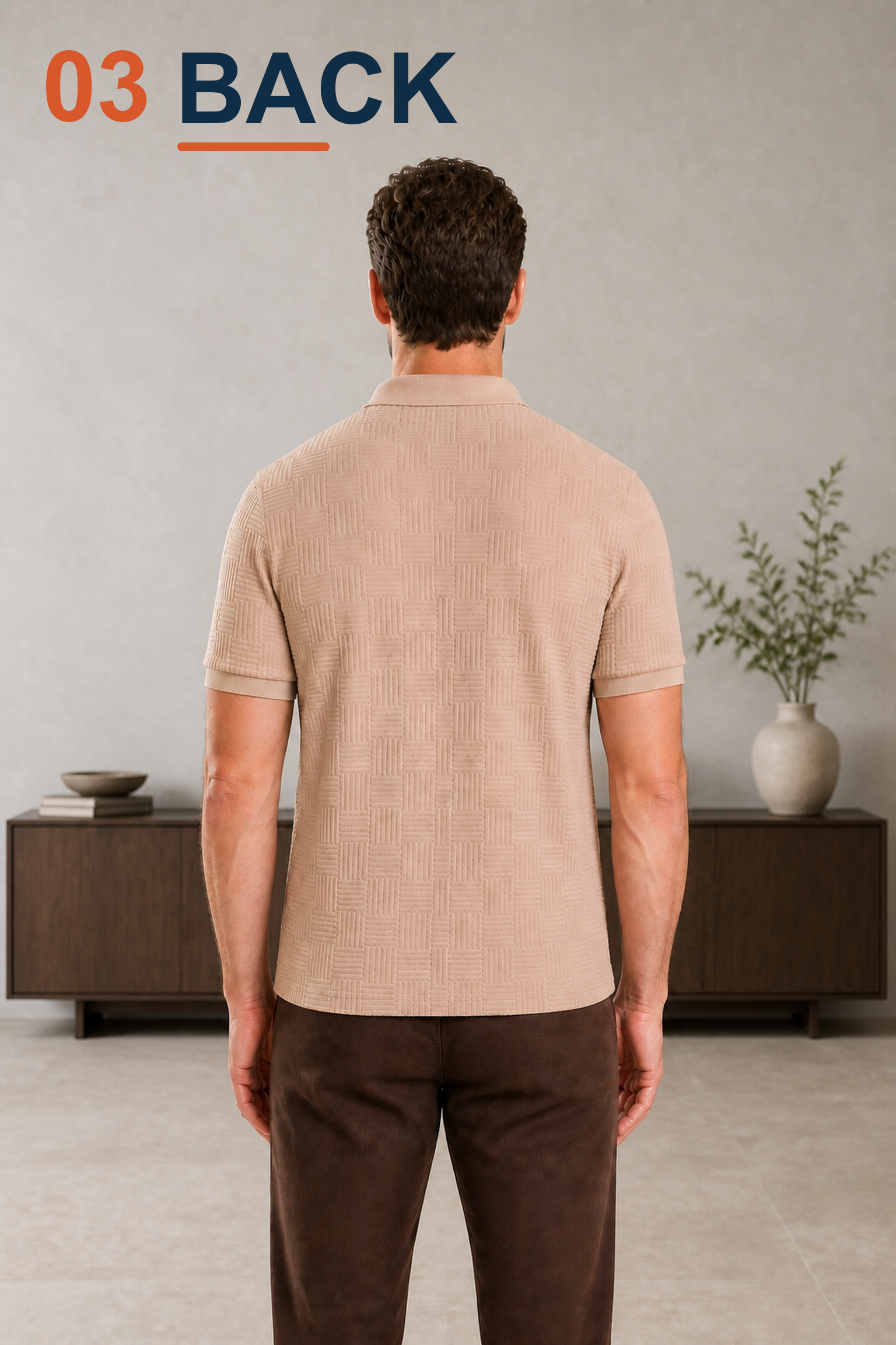Back view of men's Beige textured polo in a modern showroom