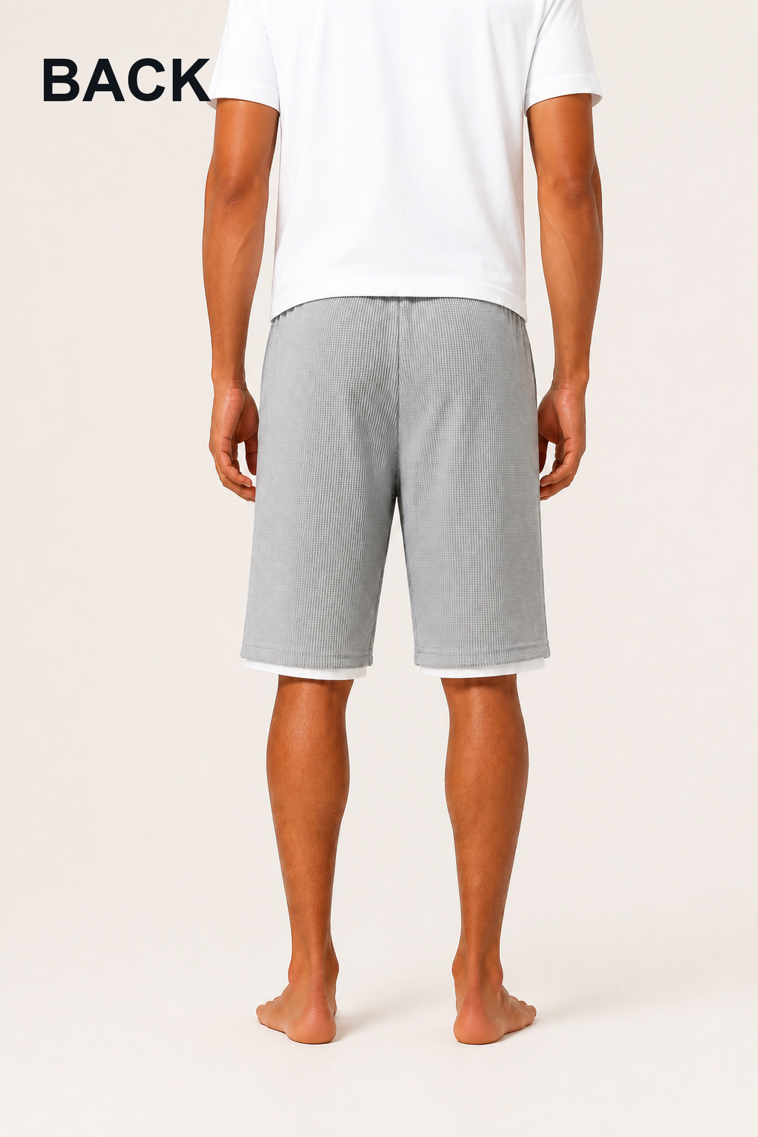 Back view of men's shorts with clean pocket-free rear panels