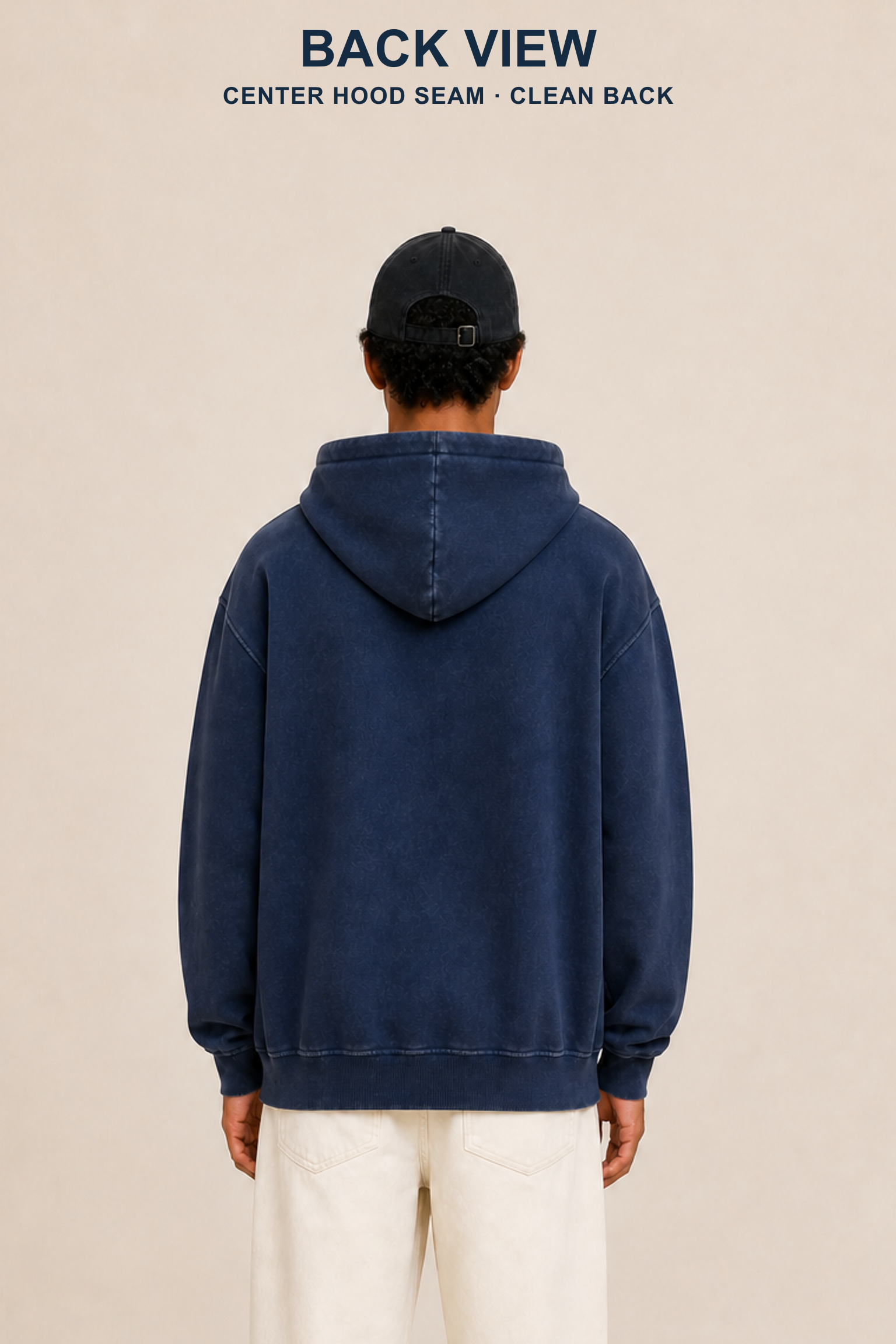 Large complete-head straight back view of an adult model wearing the Navy washed pullover hoodie