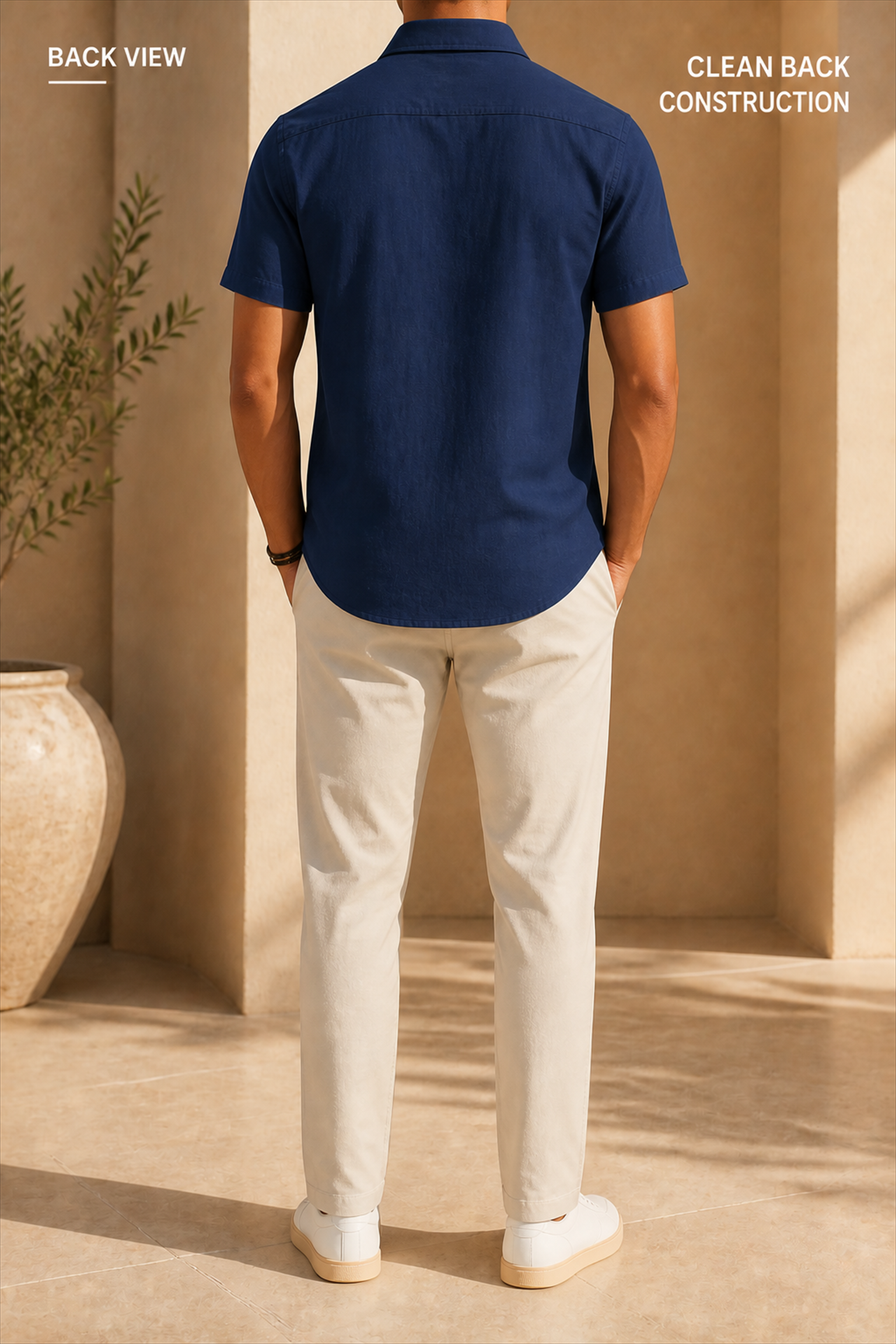 Back view of navy short sleeve shirt showing clean back construction