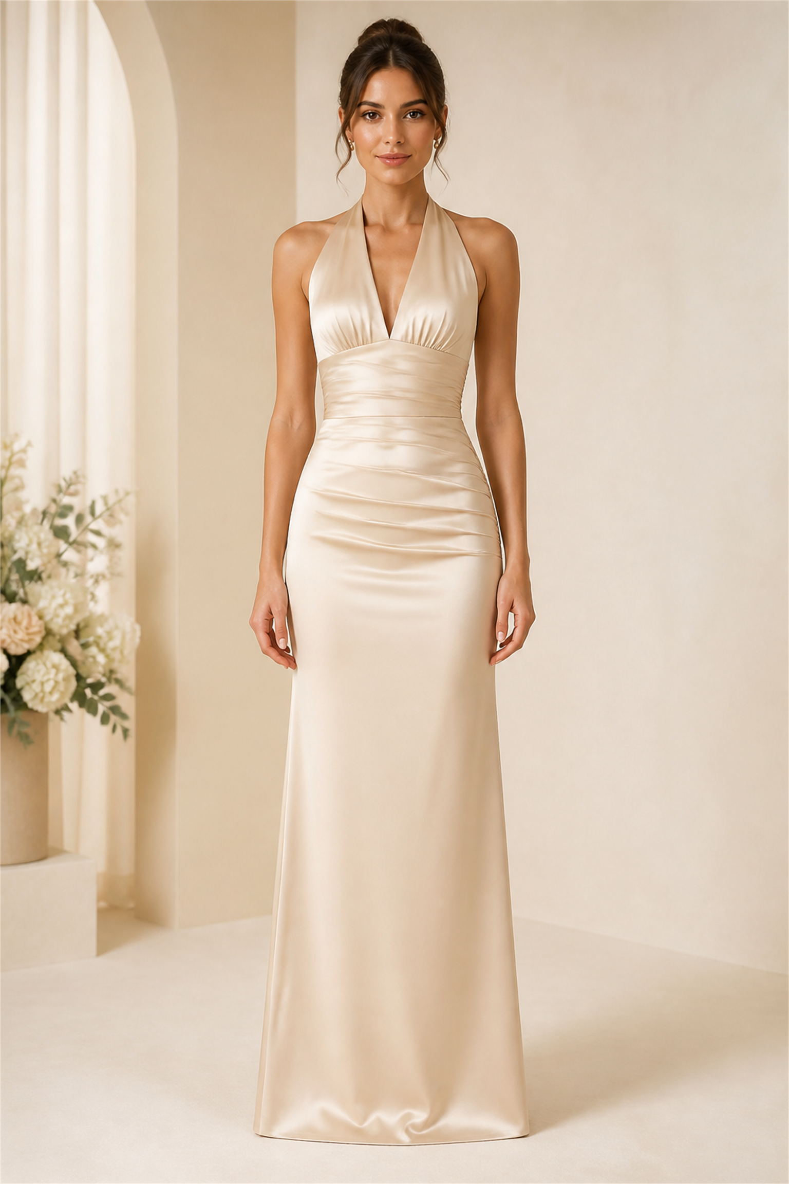 Champagne front view with deep V halter and ruched bodycon fit