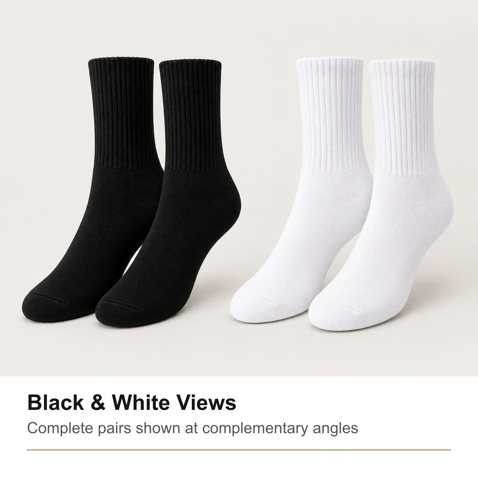 Black and White mid-calf sock pairs from complementary angles