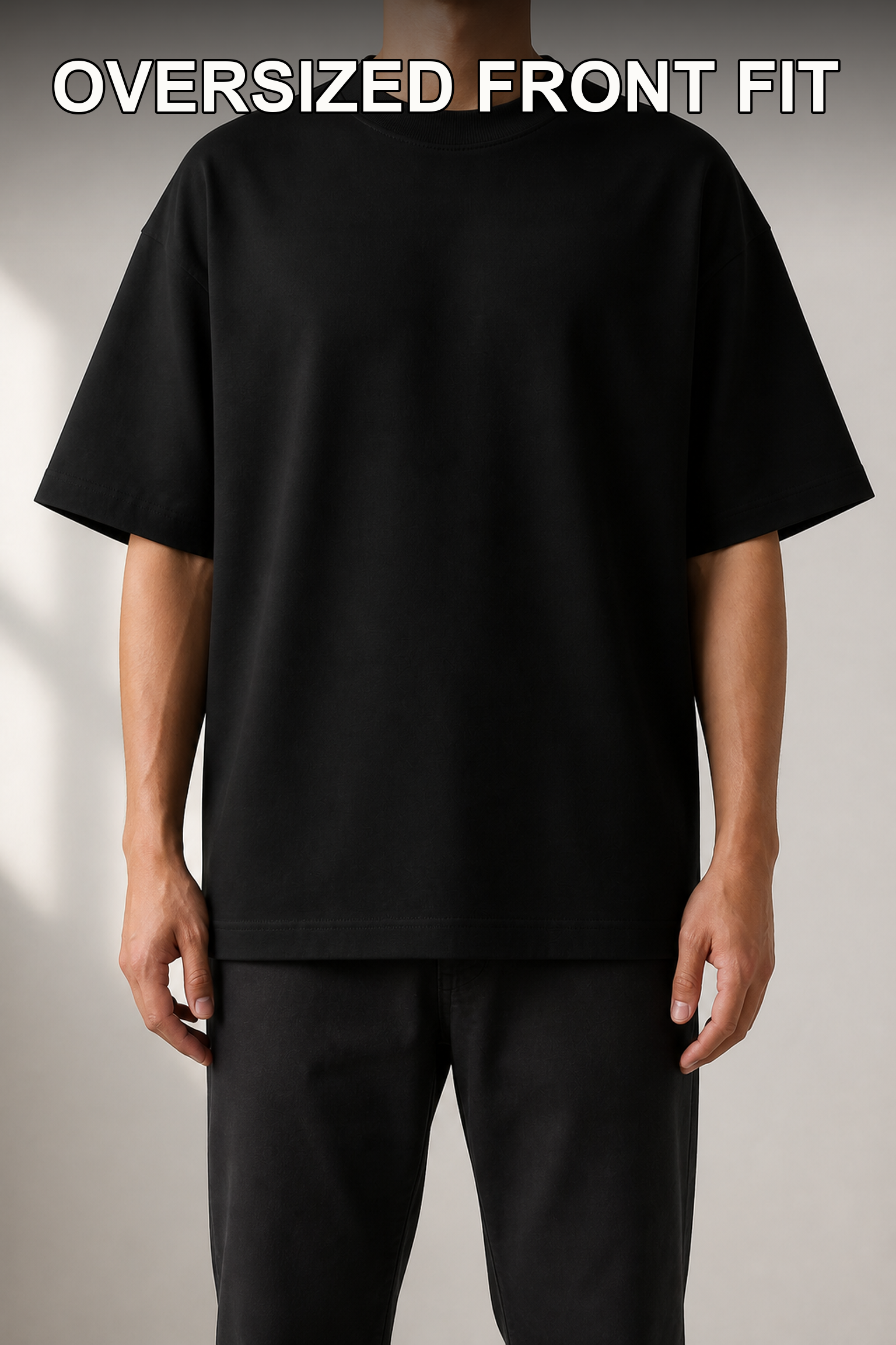 Complete front fit view of oversized T-shirt from collar to hem without model face