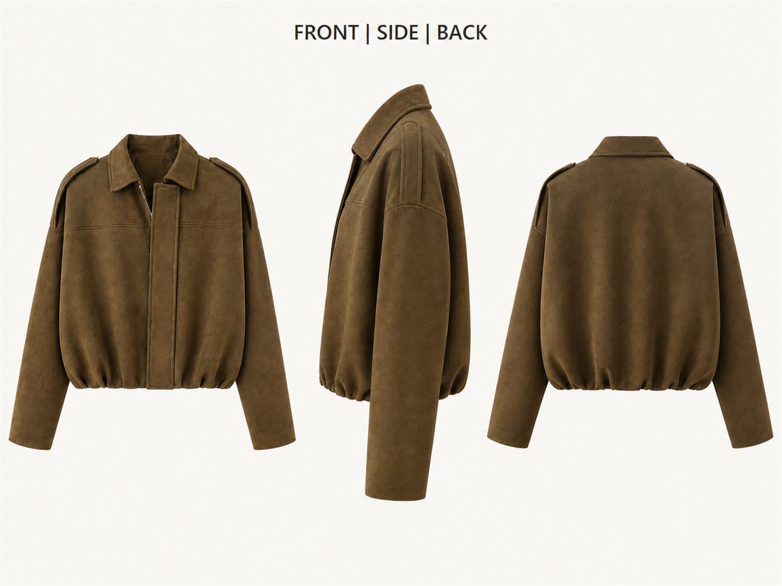 Front side and back views of the oversized collared zip jacket