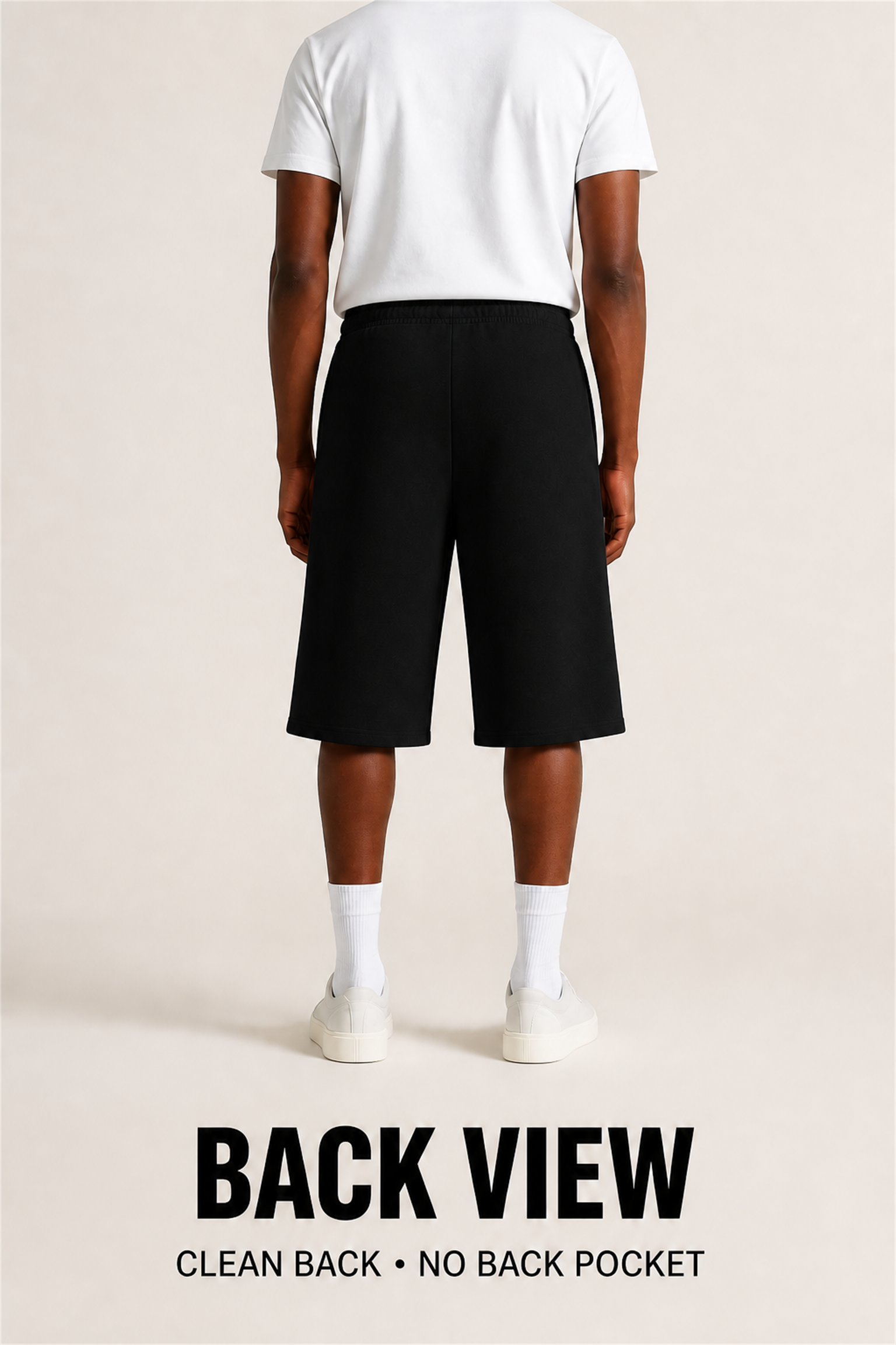 Black unisex knee-length shorts clean back view with no back pocket
