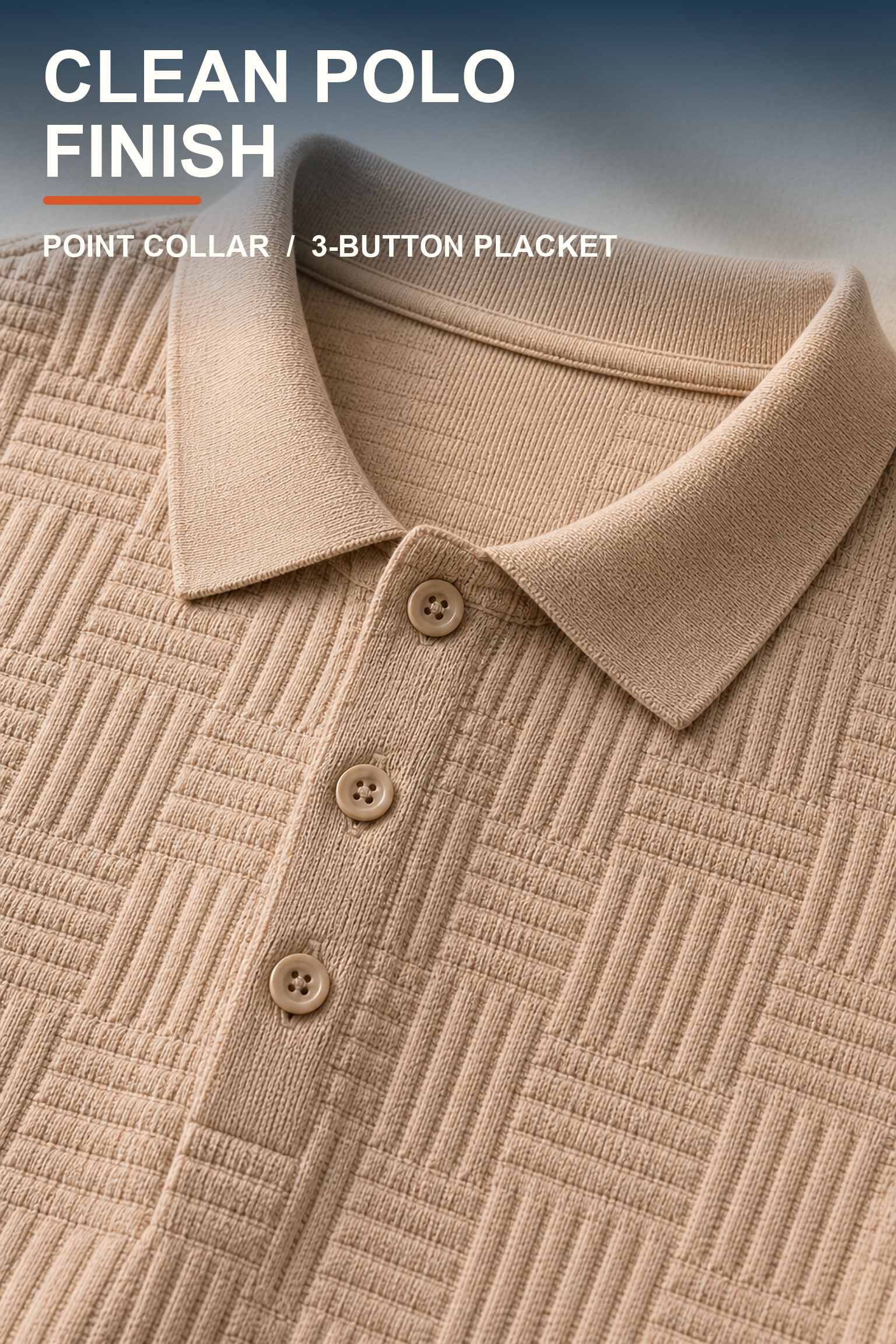 Large close-up of men's Beige polo point collar and three-button placket