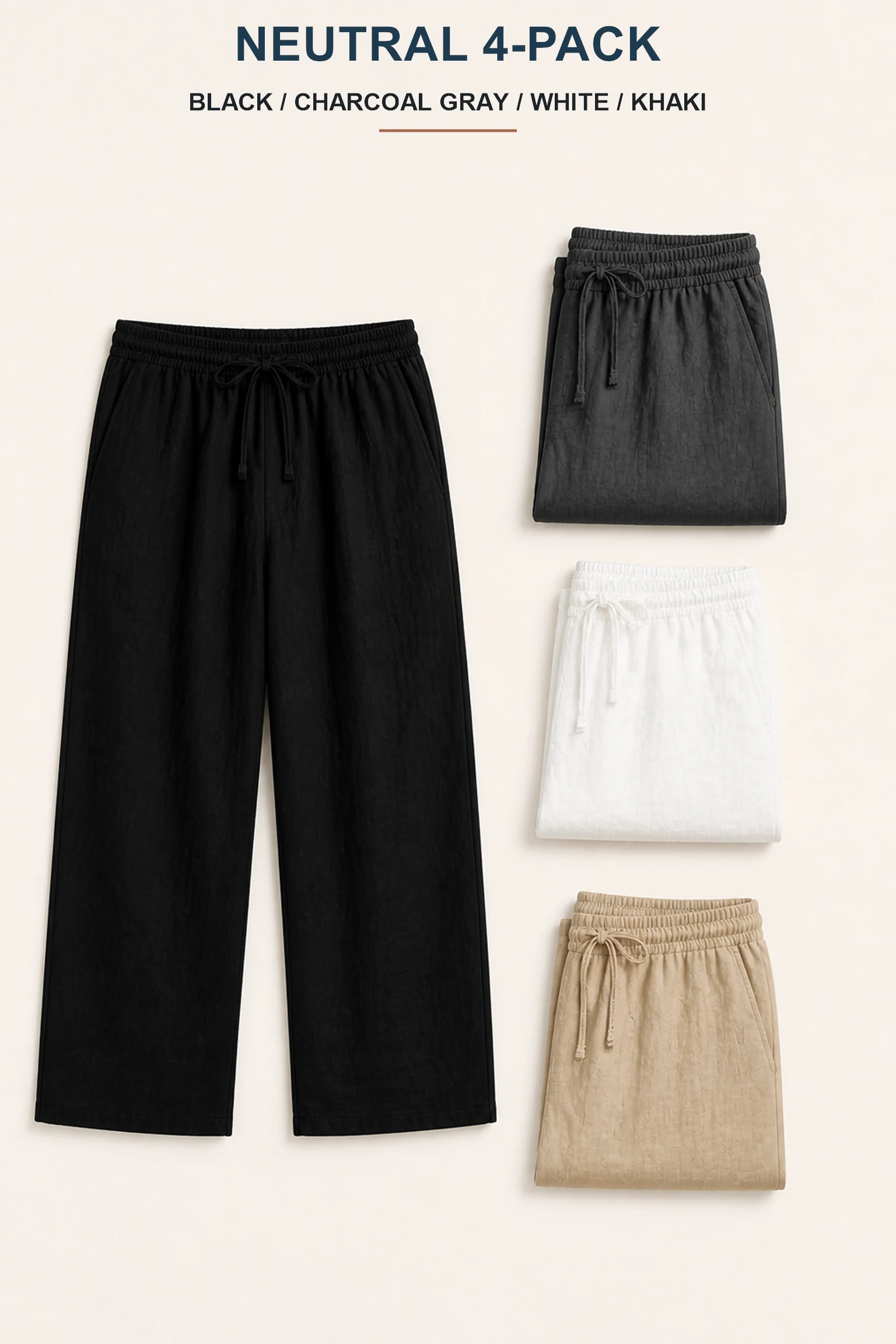 Neutral four-pack arrangement in Black Charcoal Gray White and Khaki