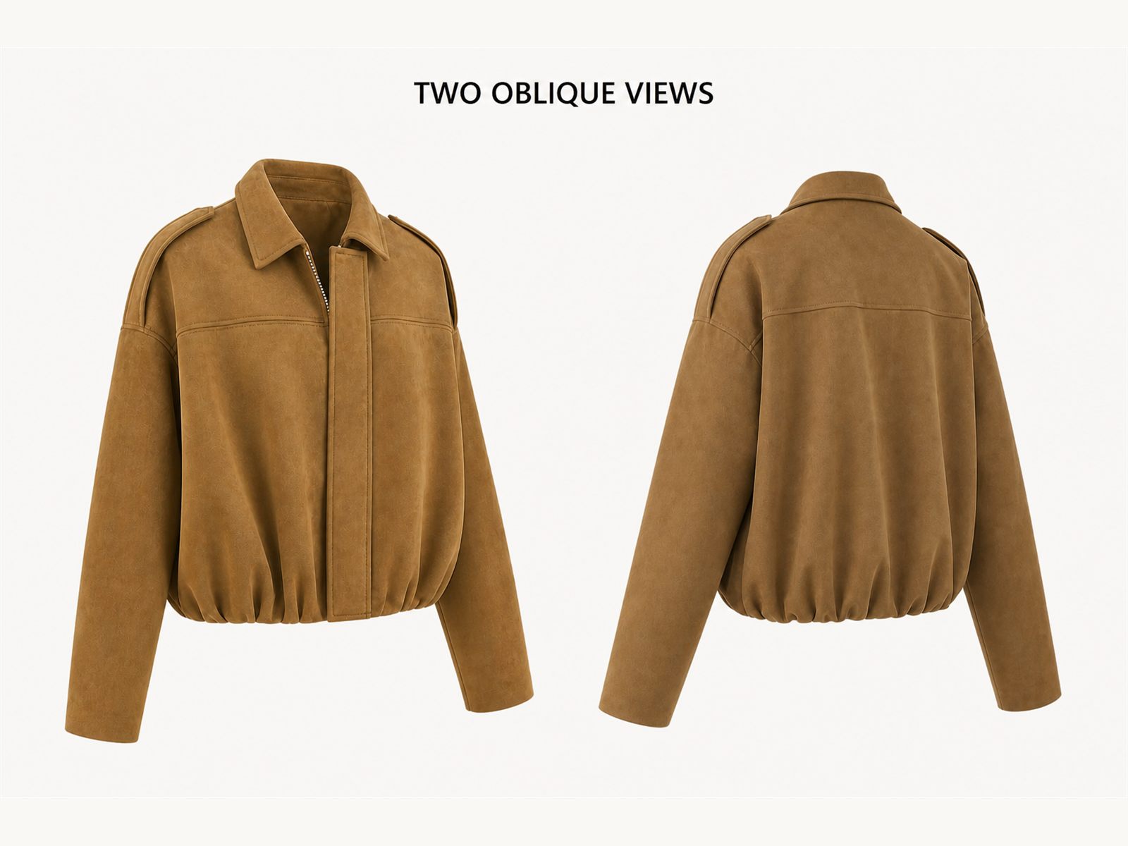 Front and rear oblique views of the oversized collared zip jacket