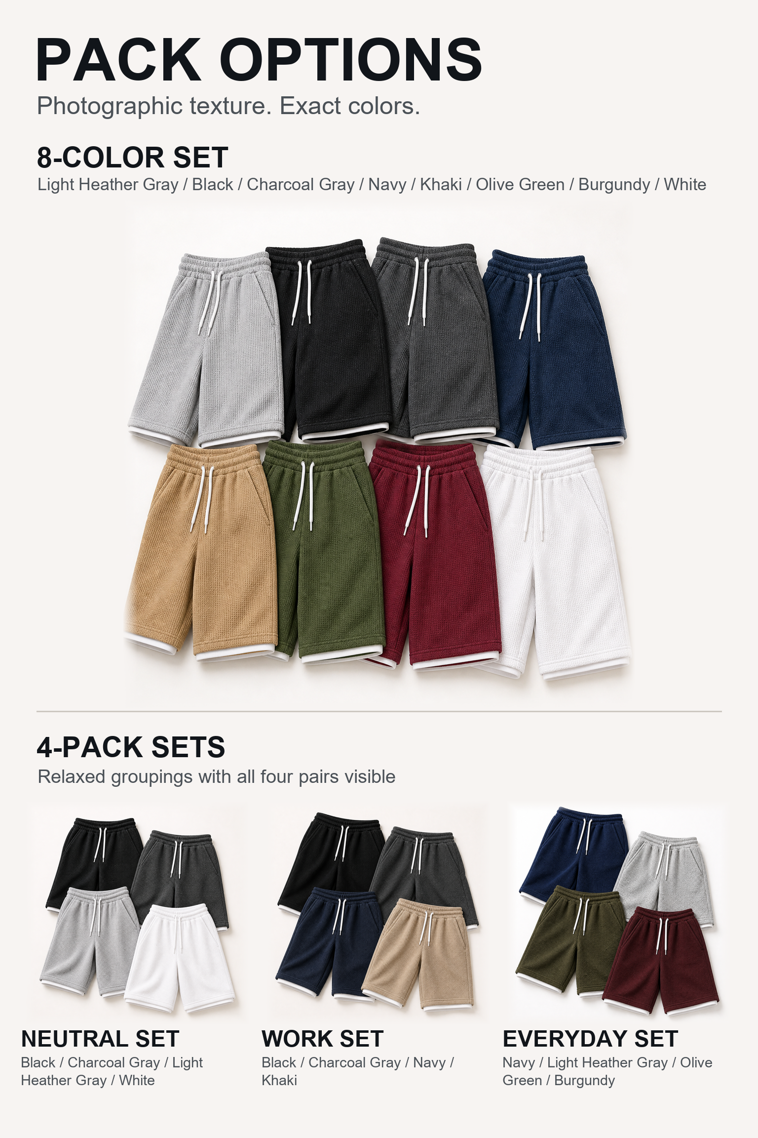 Men's shorts eight-color and four-pack options with exact included colors