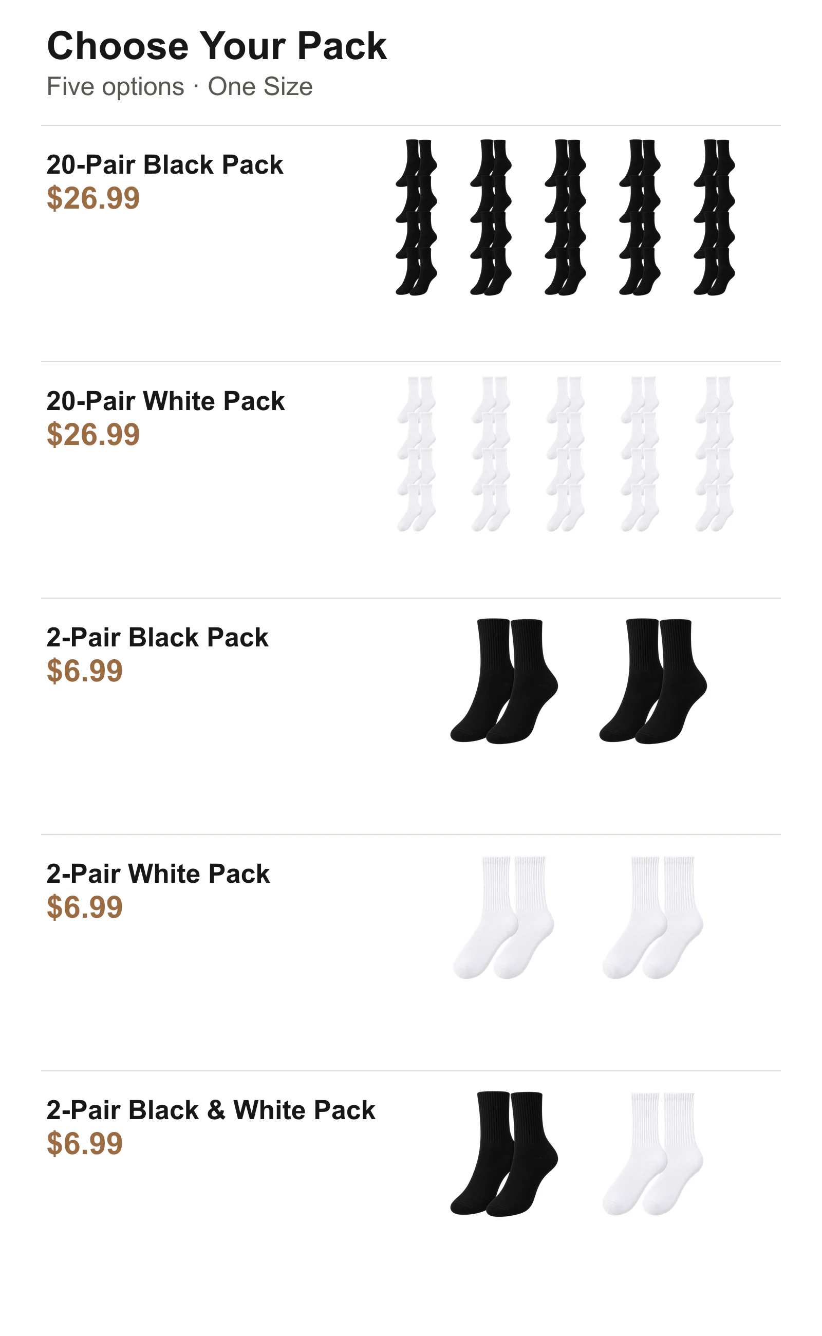 Five selectable 2-pair and 20-pair Black and White sock combinations