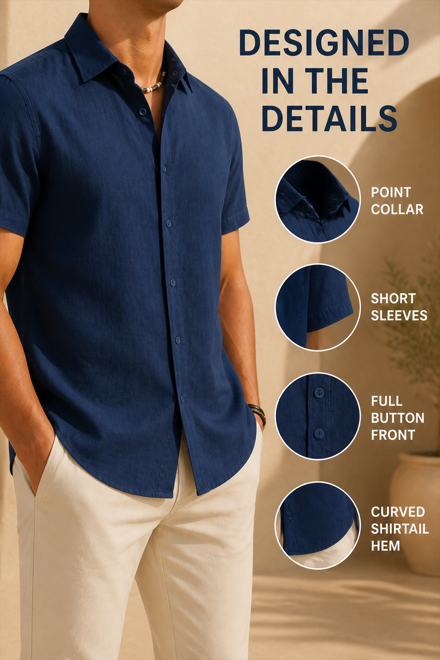 Point collar short sleeves full button front and curved shirttail hem