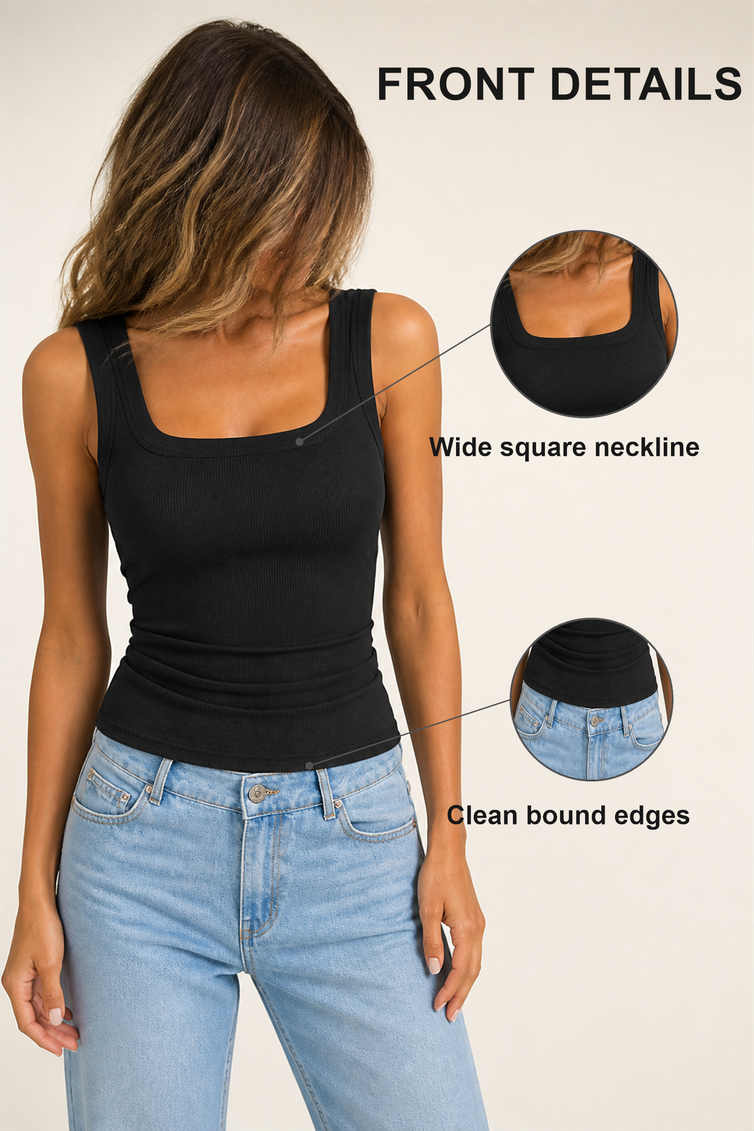 Front details showing wide square neckline and clean bound edges