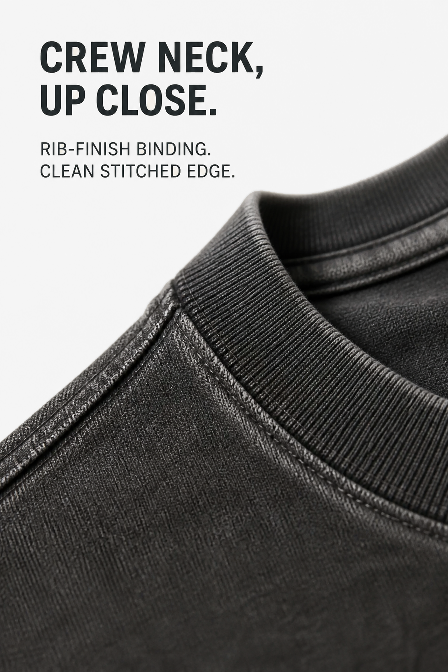 Large close-up of the rib-finish crew-neck binding and stitched edge