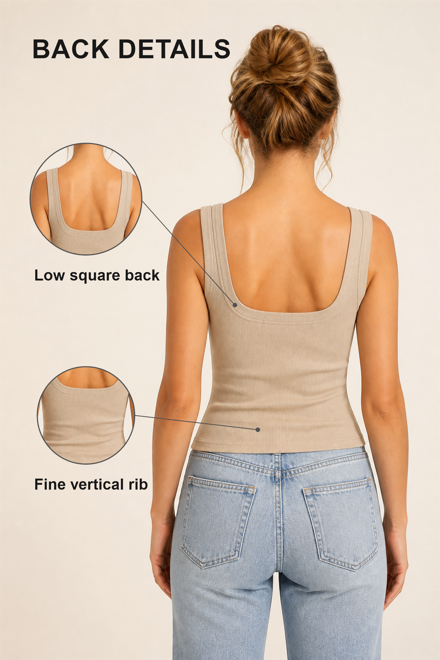 Back details showing low square back and fine vertical rib texture