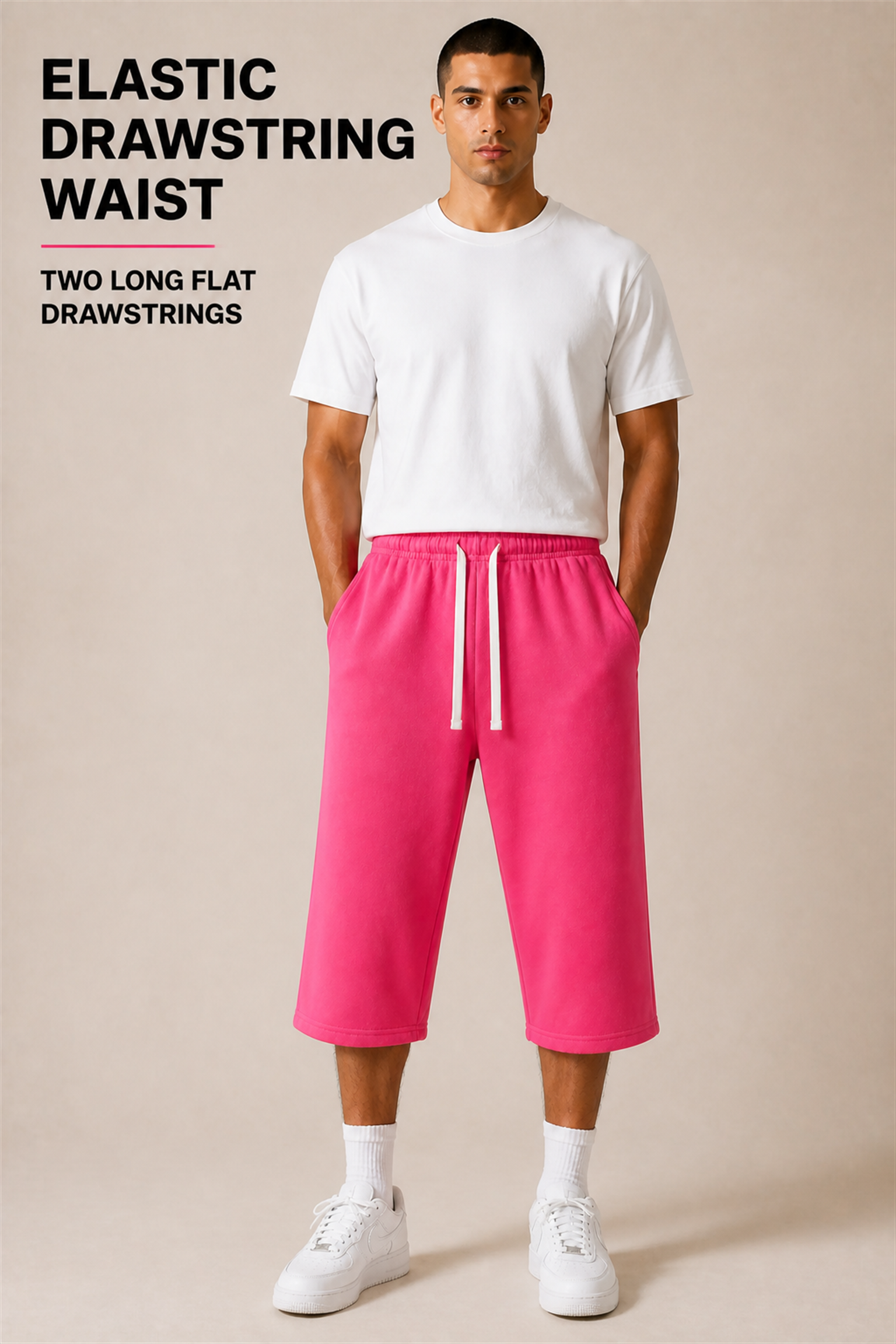 Elastic waistband with two long flat off-white drawstrings