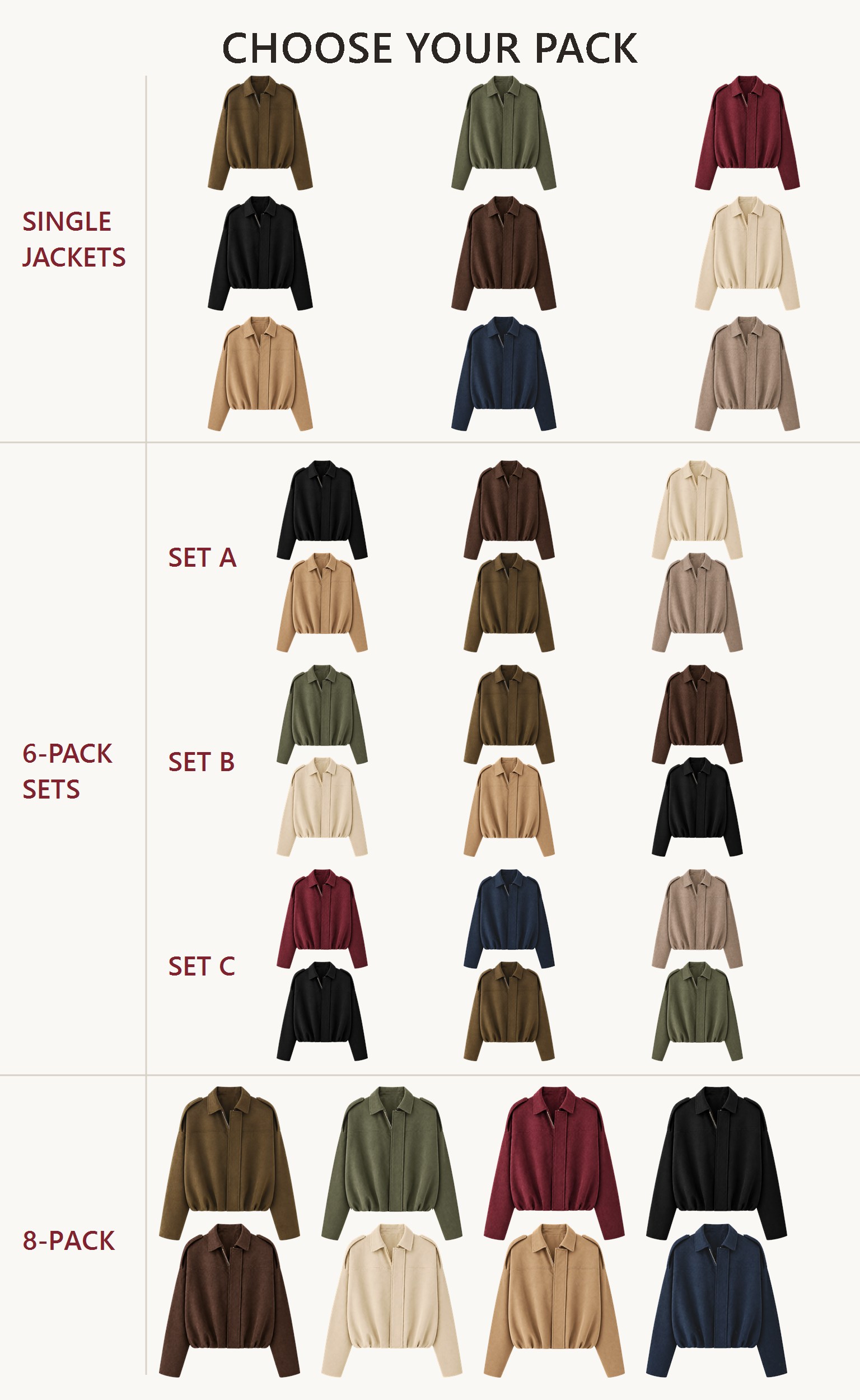 Single jacket choices, three six-pack sets and one eight-pack set