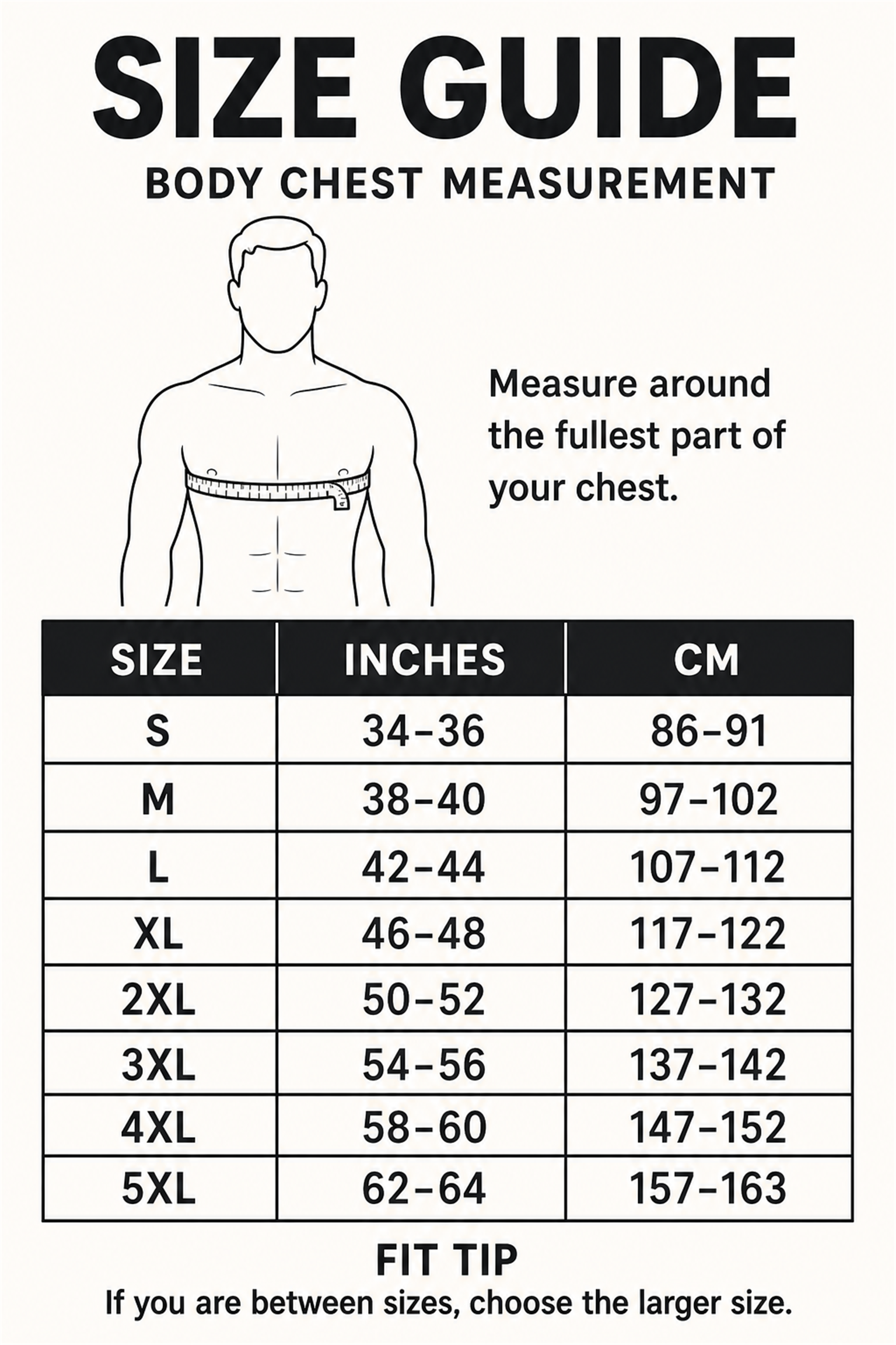 US body chest size guide from S through 5XL in inches and centimeters