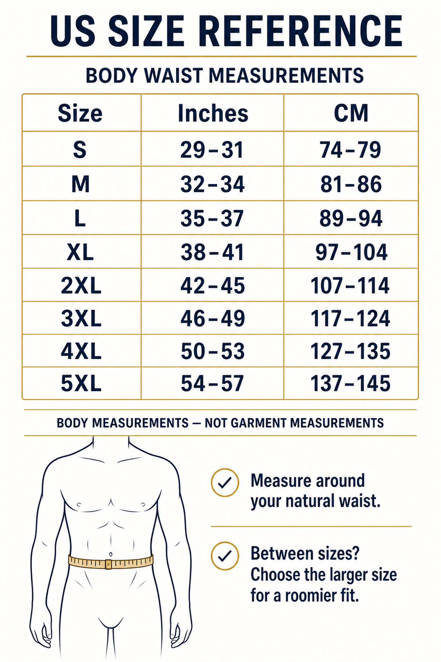 Men's golf shorts body measurement size guide S through 5XL