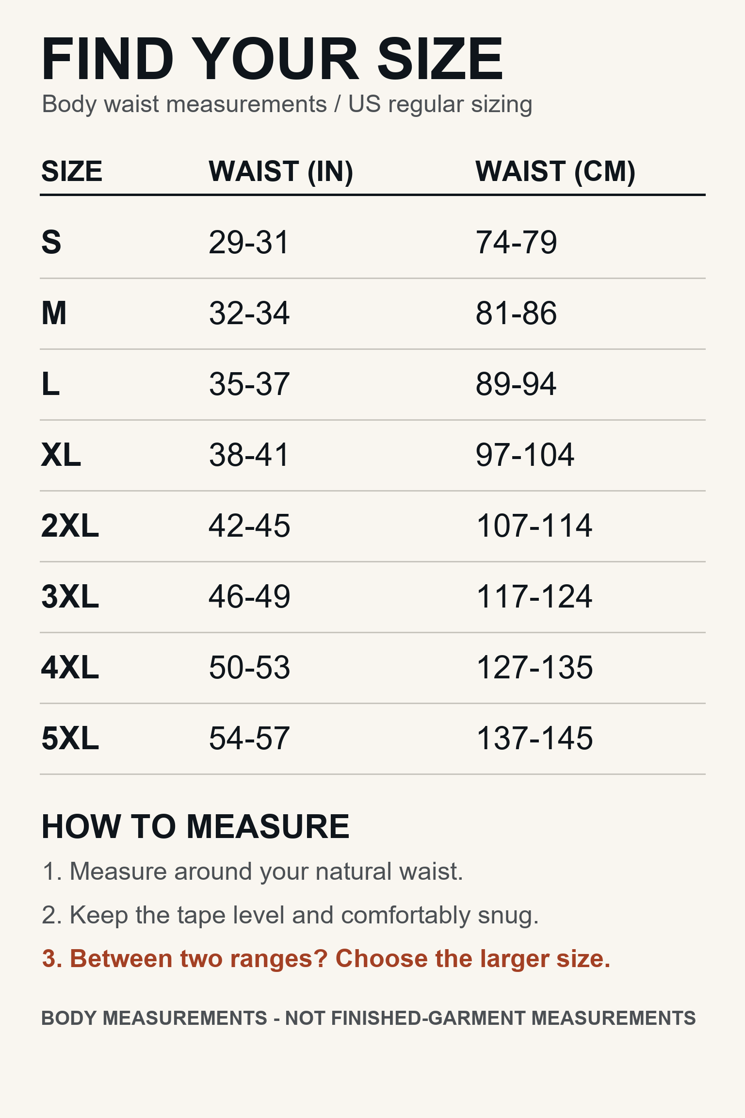Men's US regular size guide with enlarged body waist measurements S through 5XL