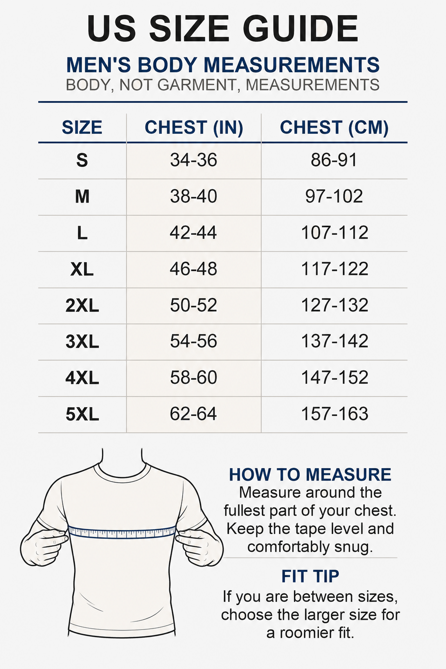 US mens body chest size guide from S through 5XL with measurement and fit guidance