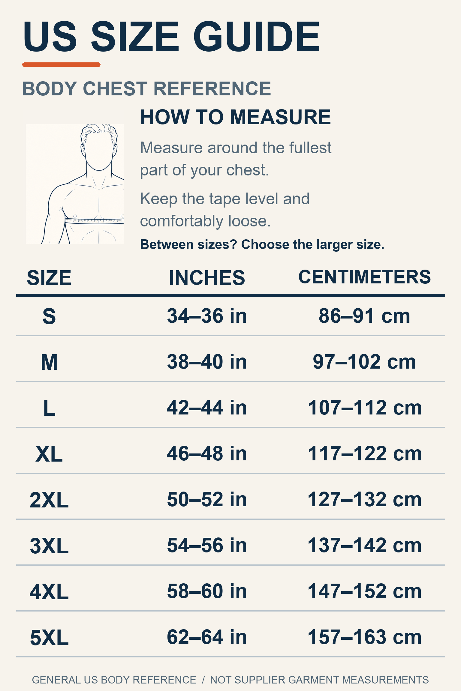 Large aligned men's US body chest size guide from S through 5XL