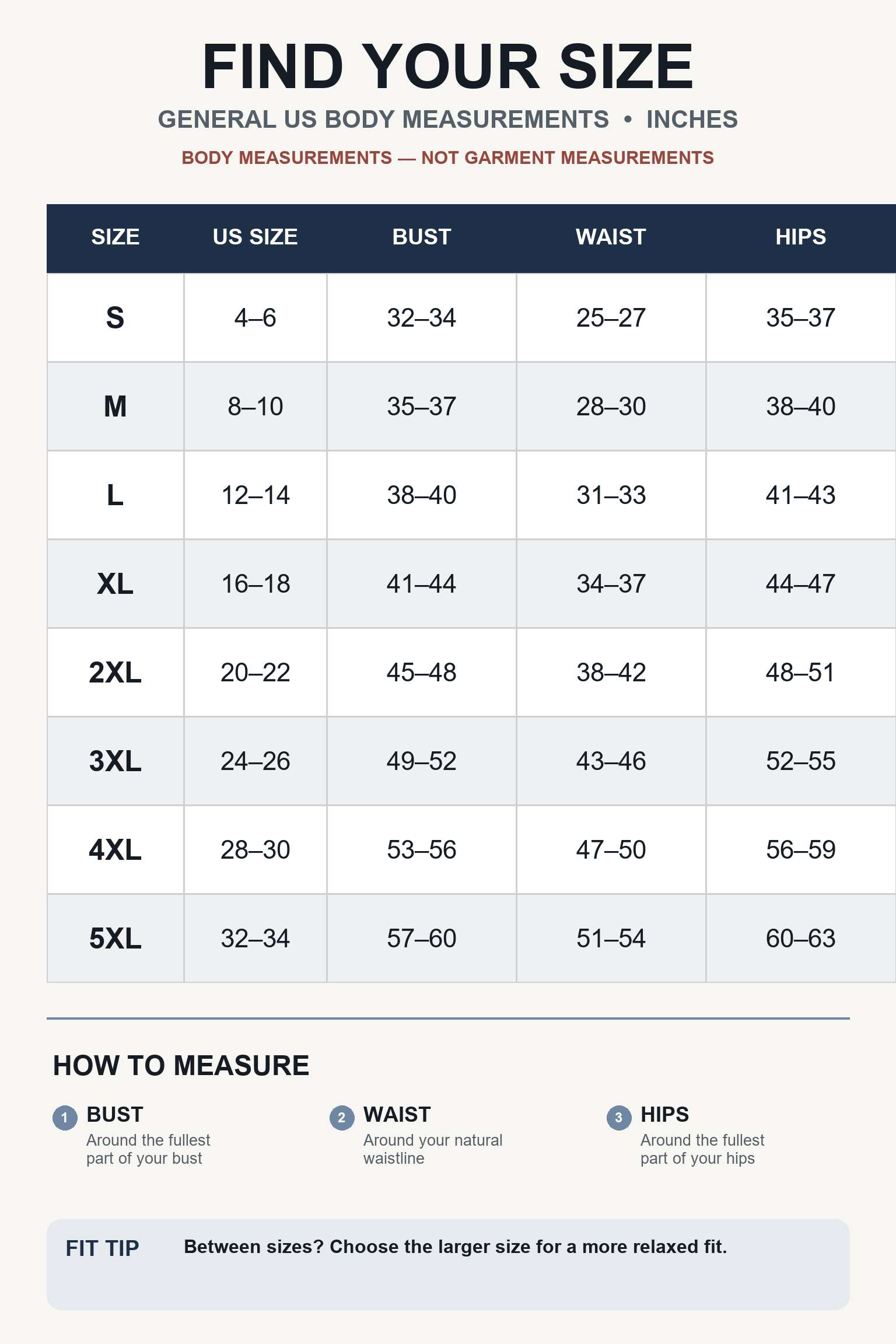 Large general US women body measurement size guide in inches from S through 5XL