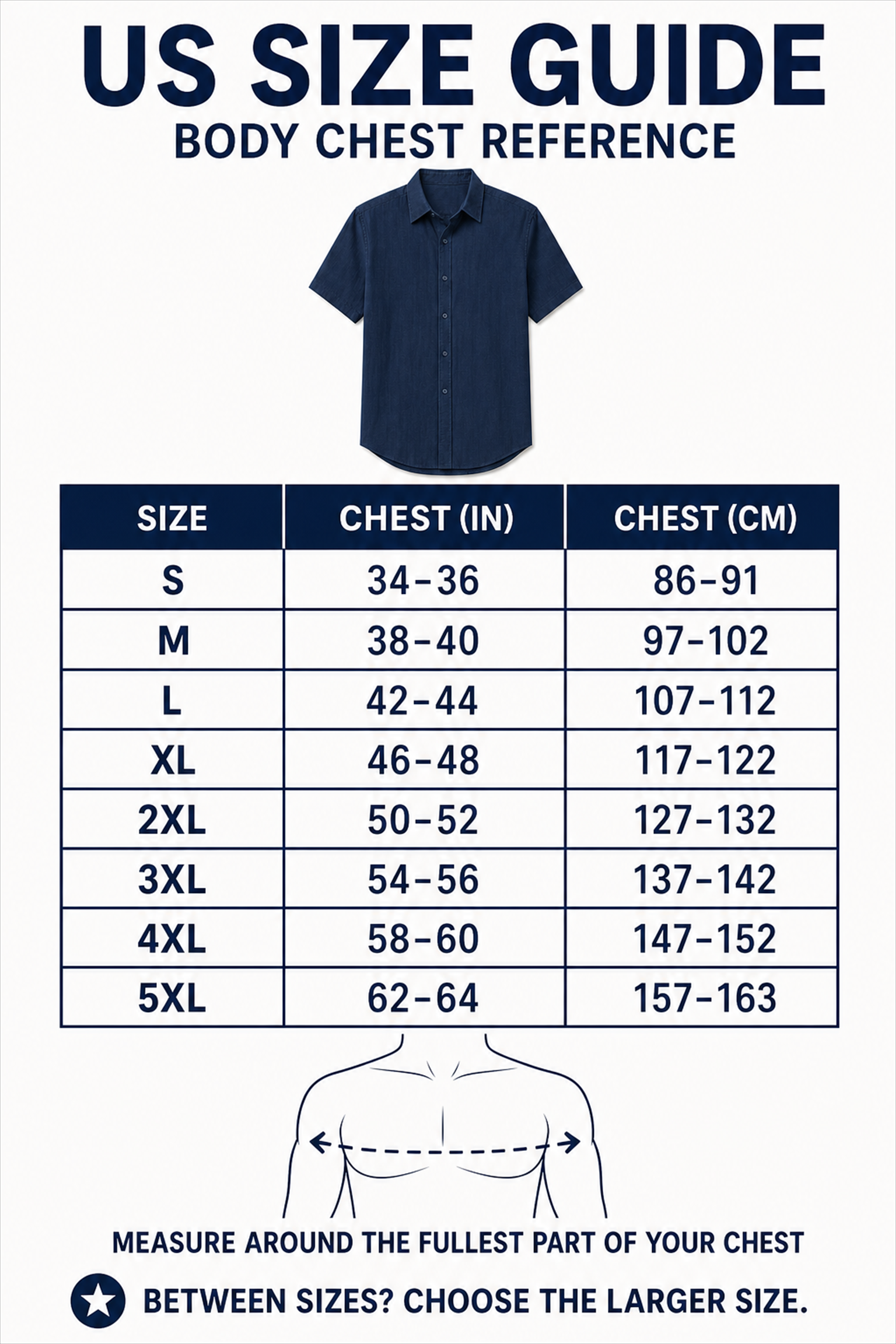US body chest size reference from S through 5XL in inches and centimeters
