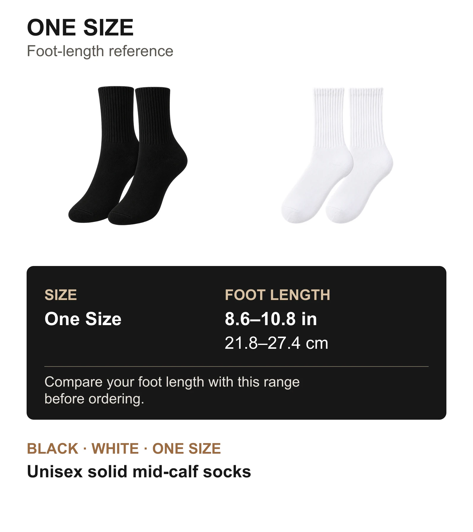 One Size foot-length reference from 8.6 to 10.8 inches