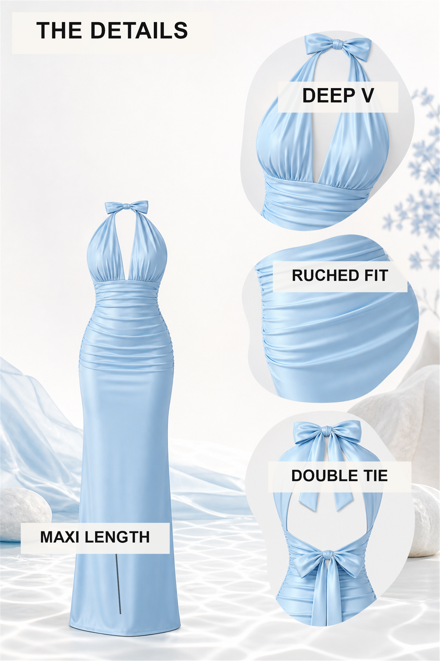 Deep V halter, ruched bodycon, smooth glossy and full-length details