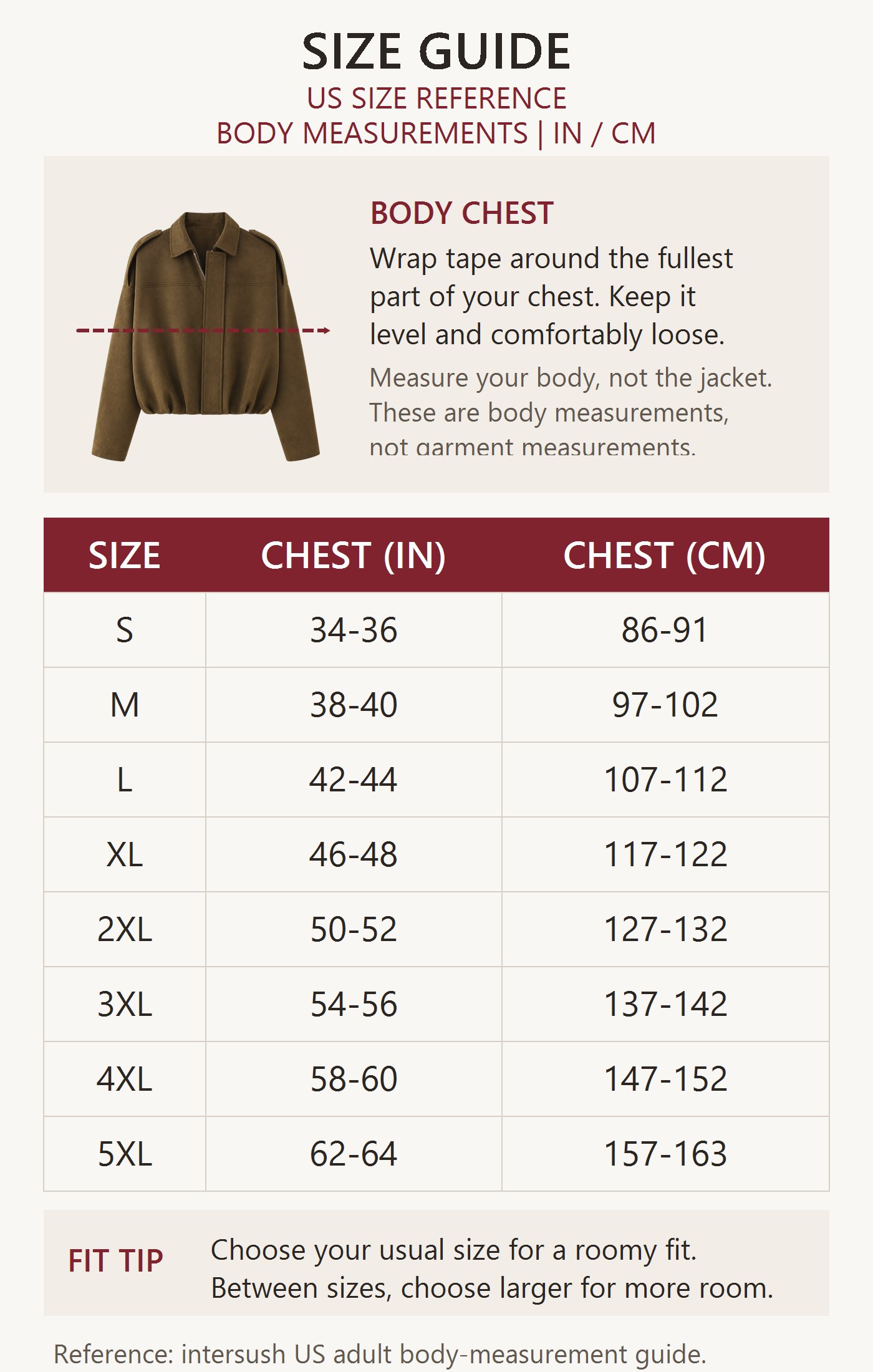 US adult body-measurement chest reference for jacket sizes S through 5XL