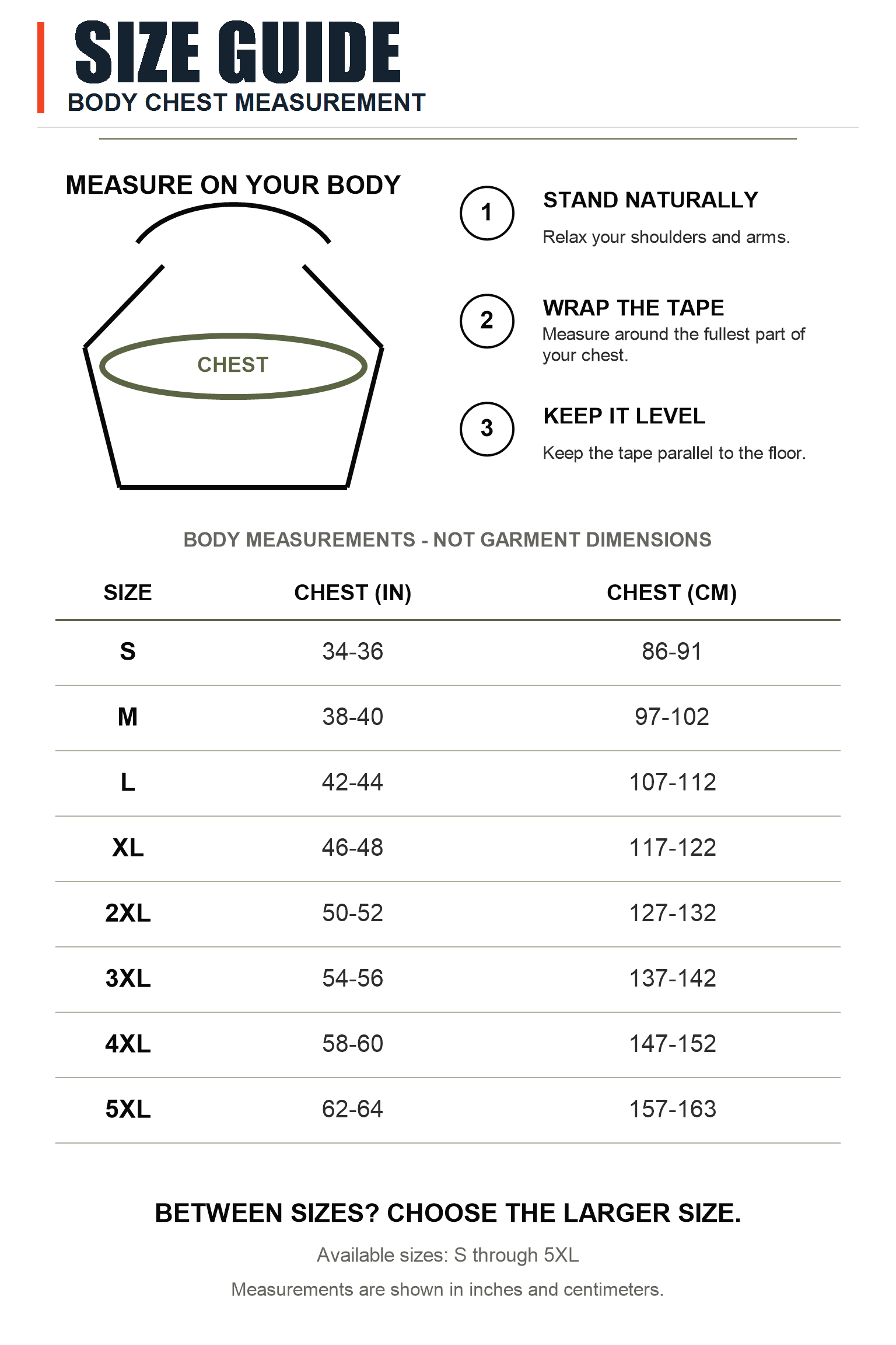 US body chest size guide S to 5XL