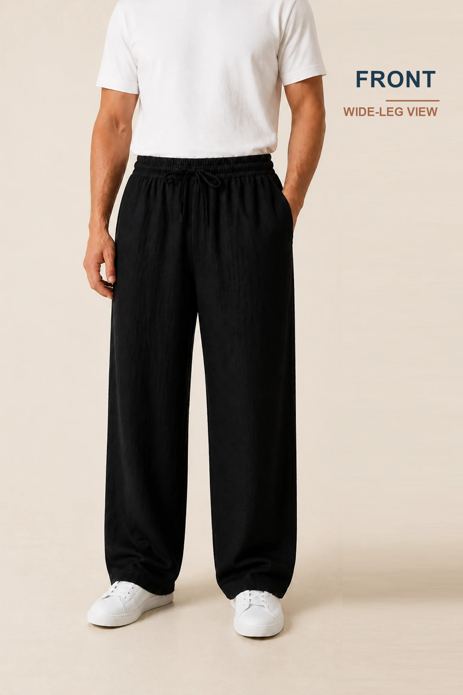 Centered front view of the pants on a male model