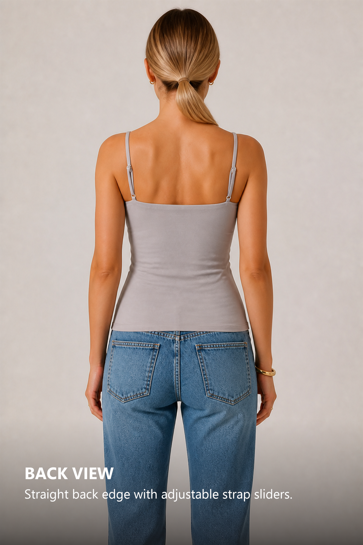 Straight back view of the smooth gray camisole with normal posture, straight back edge and visible strap sliders
