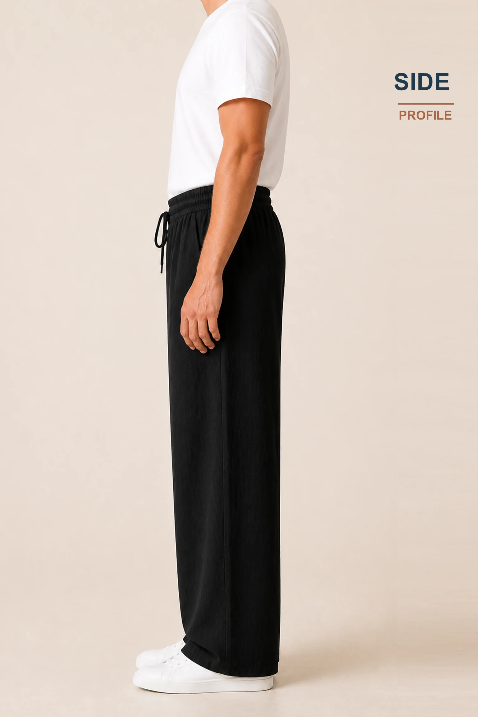 Centered side view of the pants on a male model