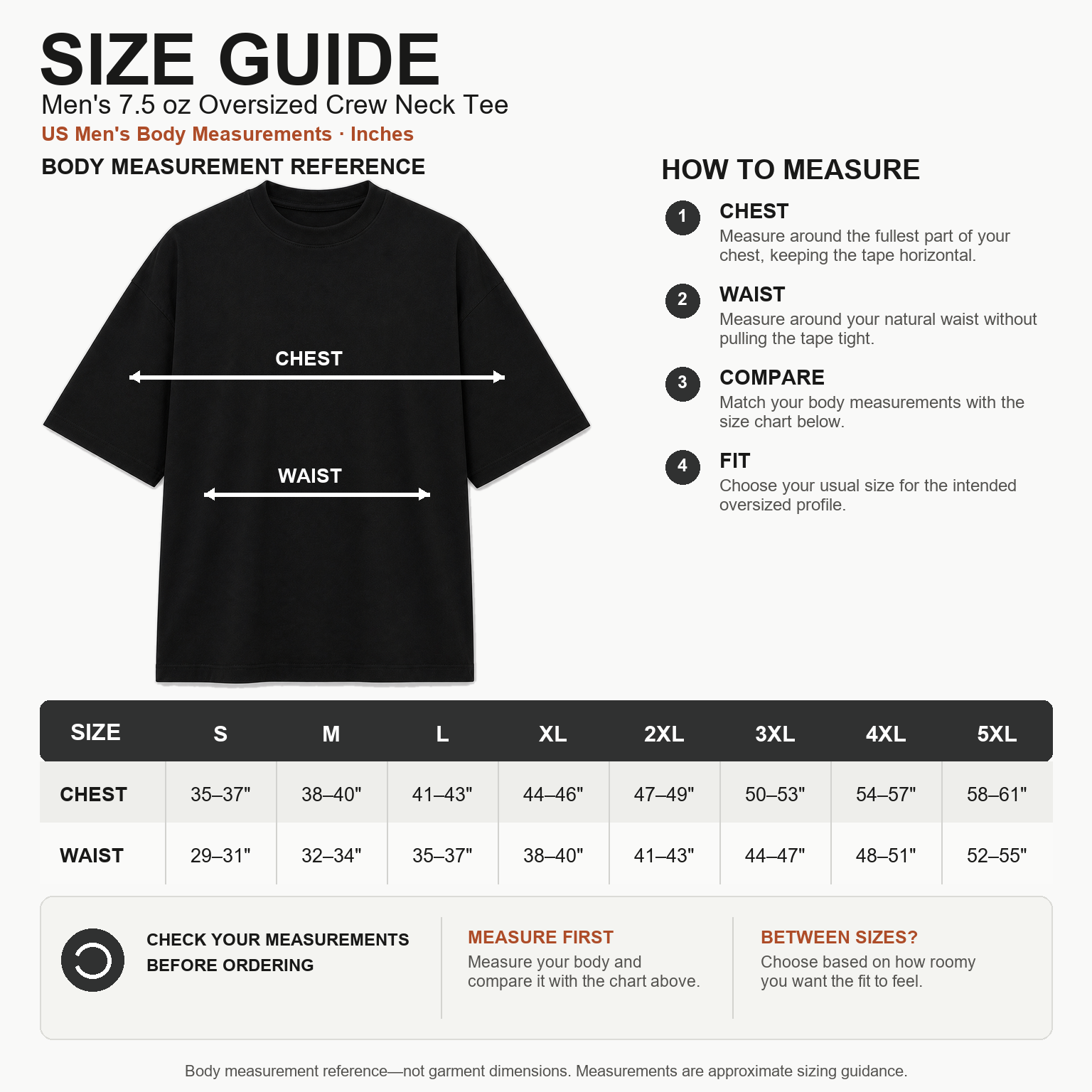US men's body measurement size guide S to 5XL with chest and waist values for oversized fit
