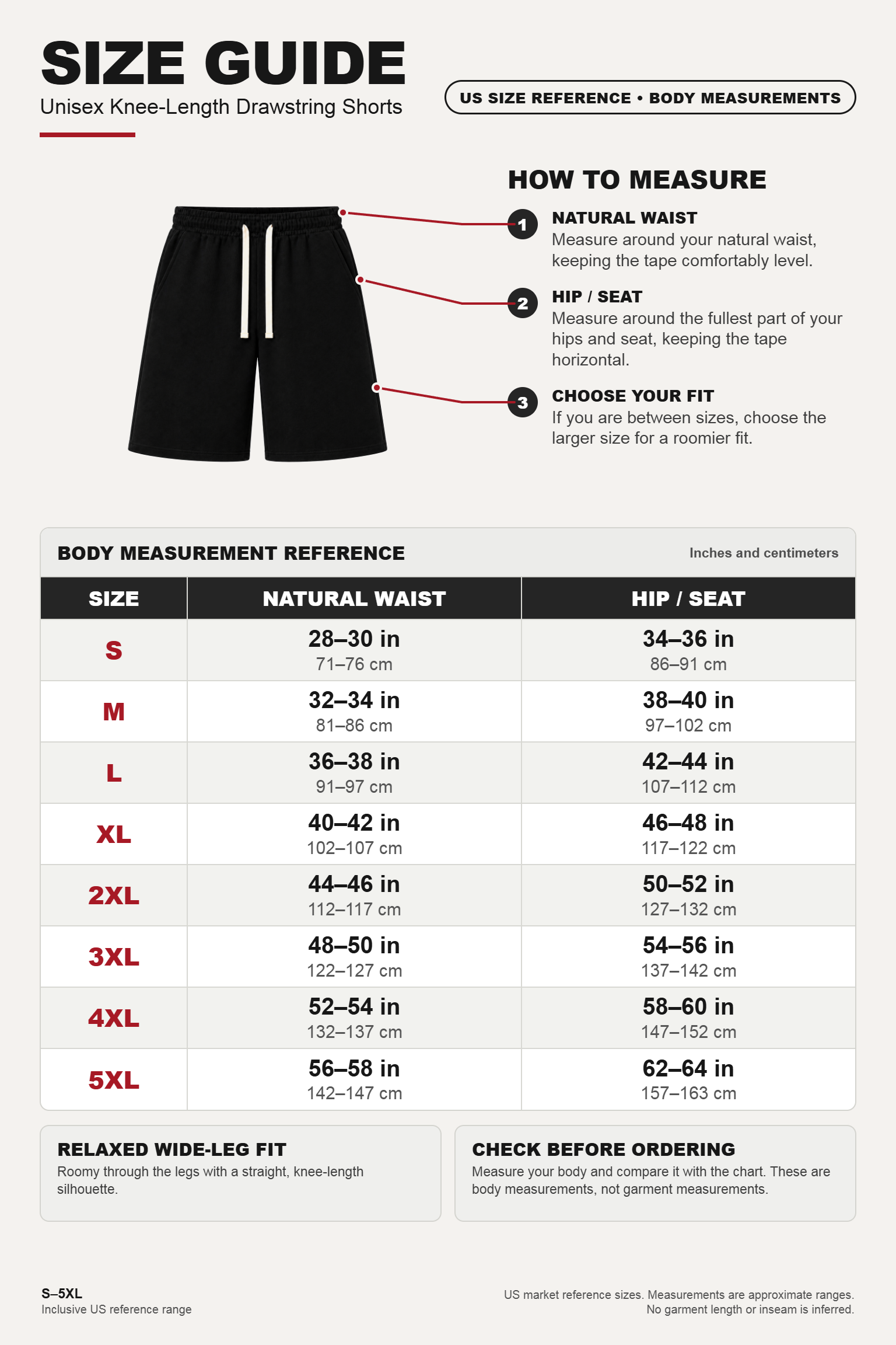 US unisex body measurement size guide for knee-length drawstring shorts, S through 5XL, with three numbered connector points aligned to the waist, hip and leg fit