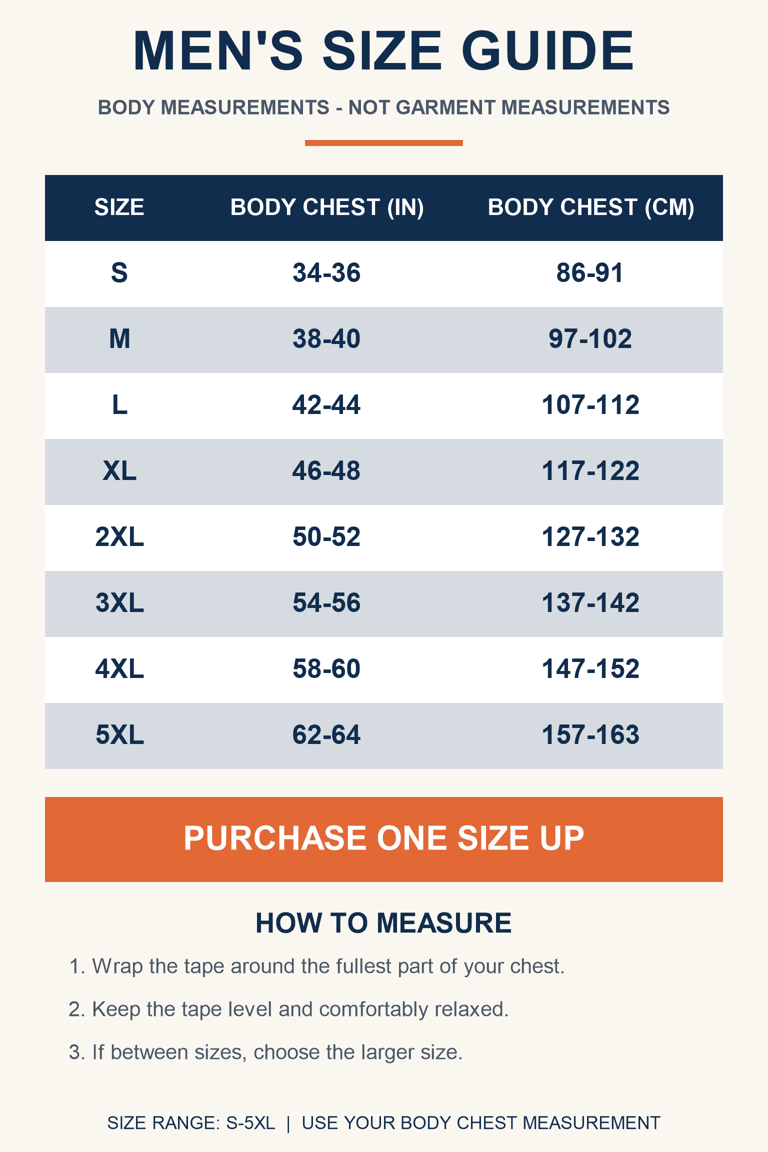 Large clear men size guide from S to 5XL with no product thumbnails