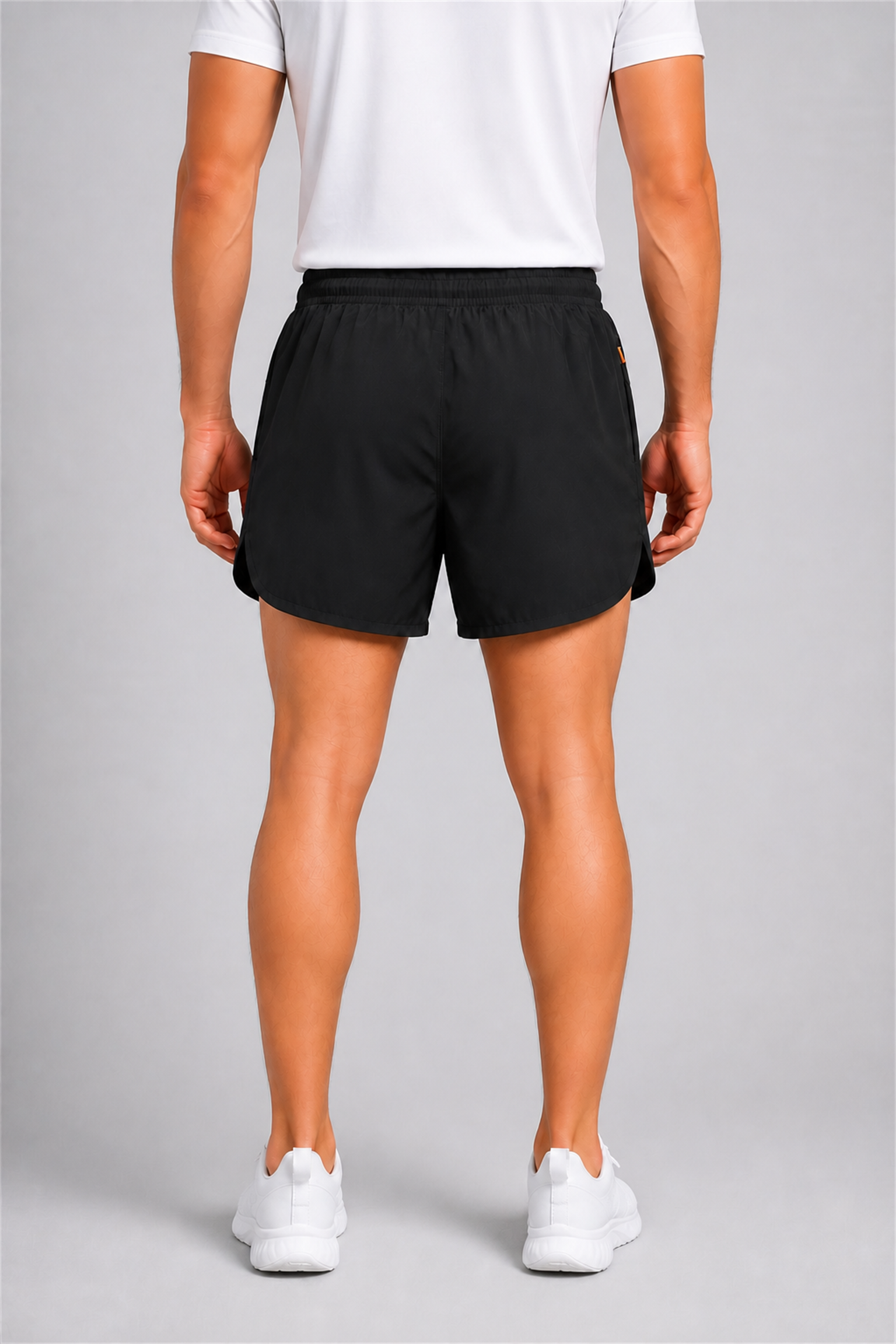 Large straight-on back fit view of black lined athletic shorts