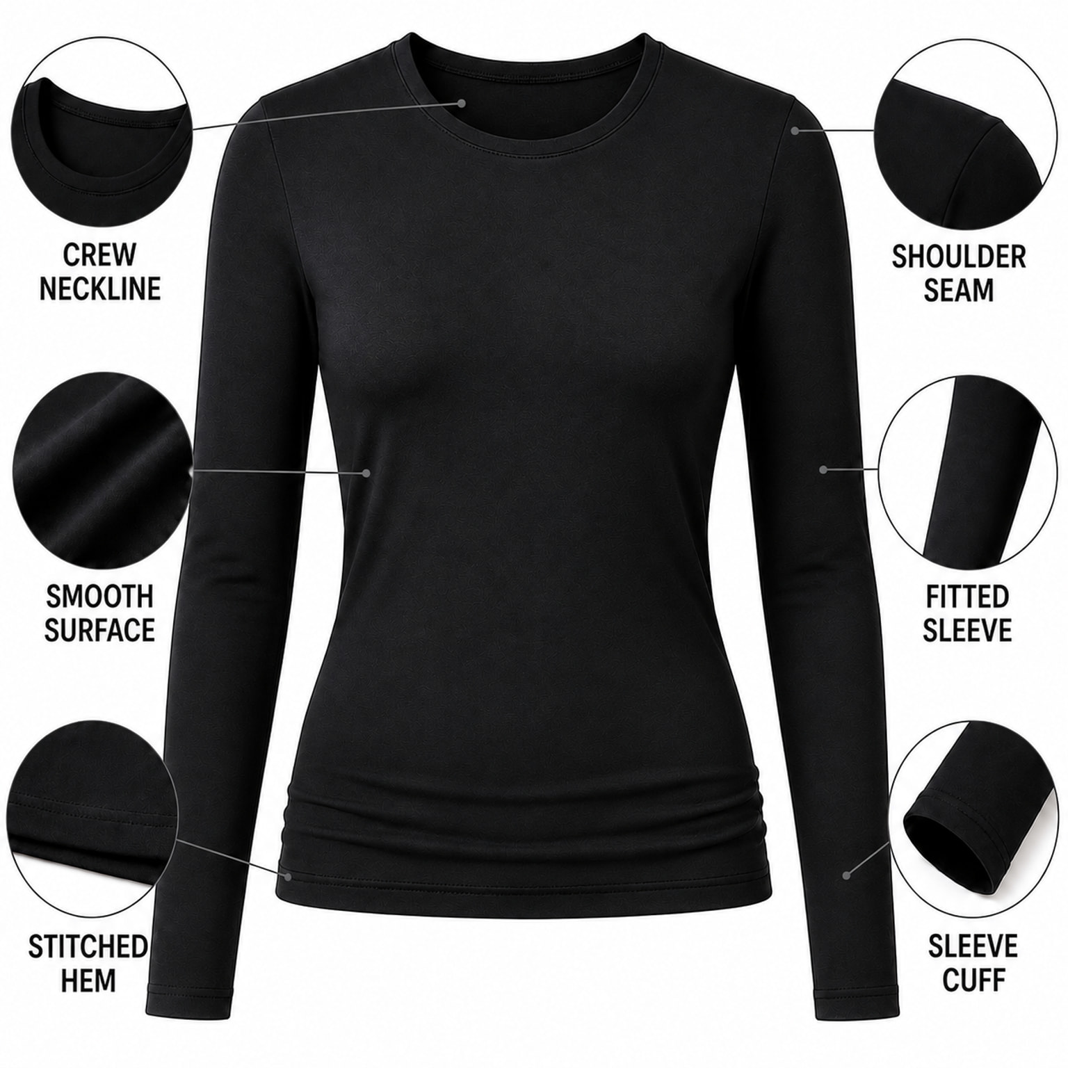 Jet Black long-sleeve top with close views of the crew neckline, shoulder seam, smooth surface, fitted sleeve, stitched hem and sleeve cuff