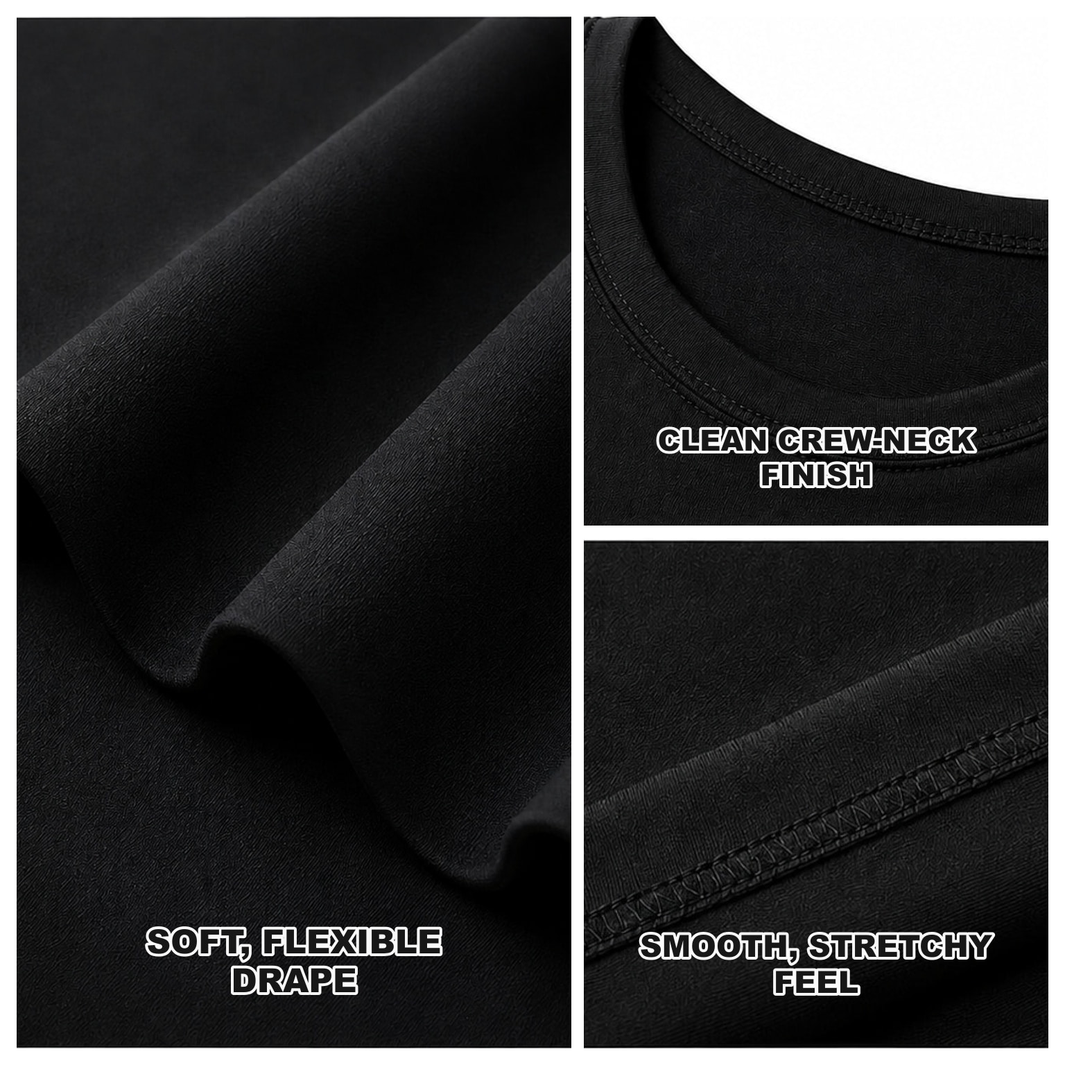Jet Black fabric shown as a natural fold, crew-neck binding and smooth fabric surface