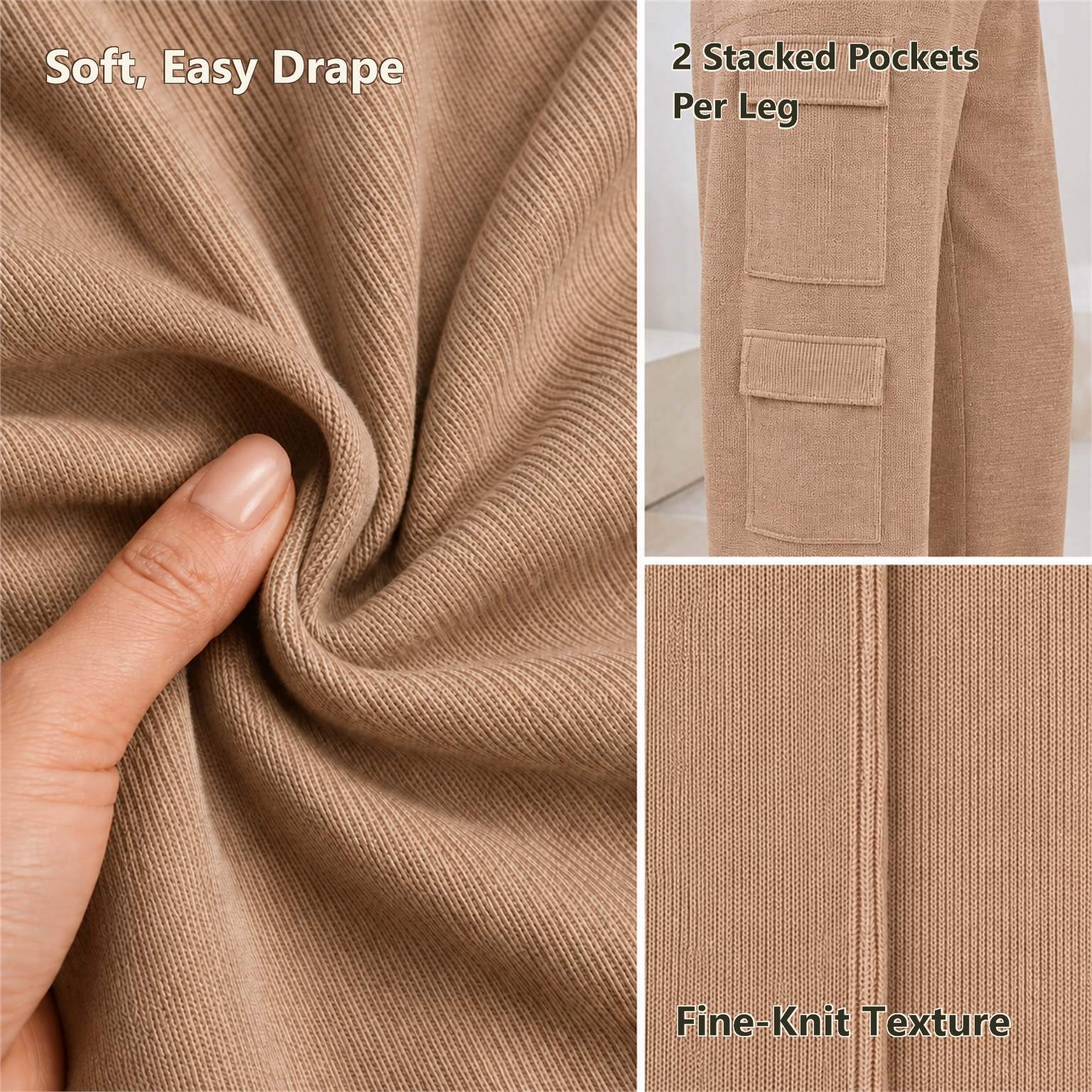 Fabric drape, cargo pocket stitching and fine knitted texture shown in three close views