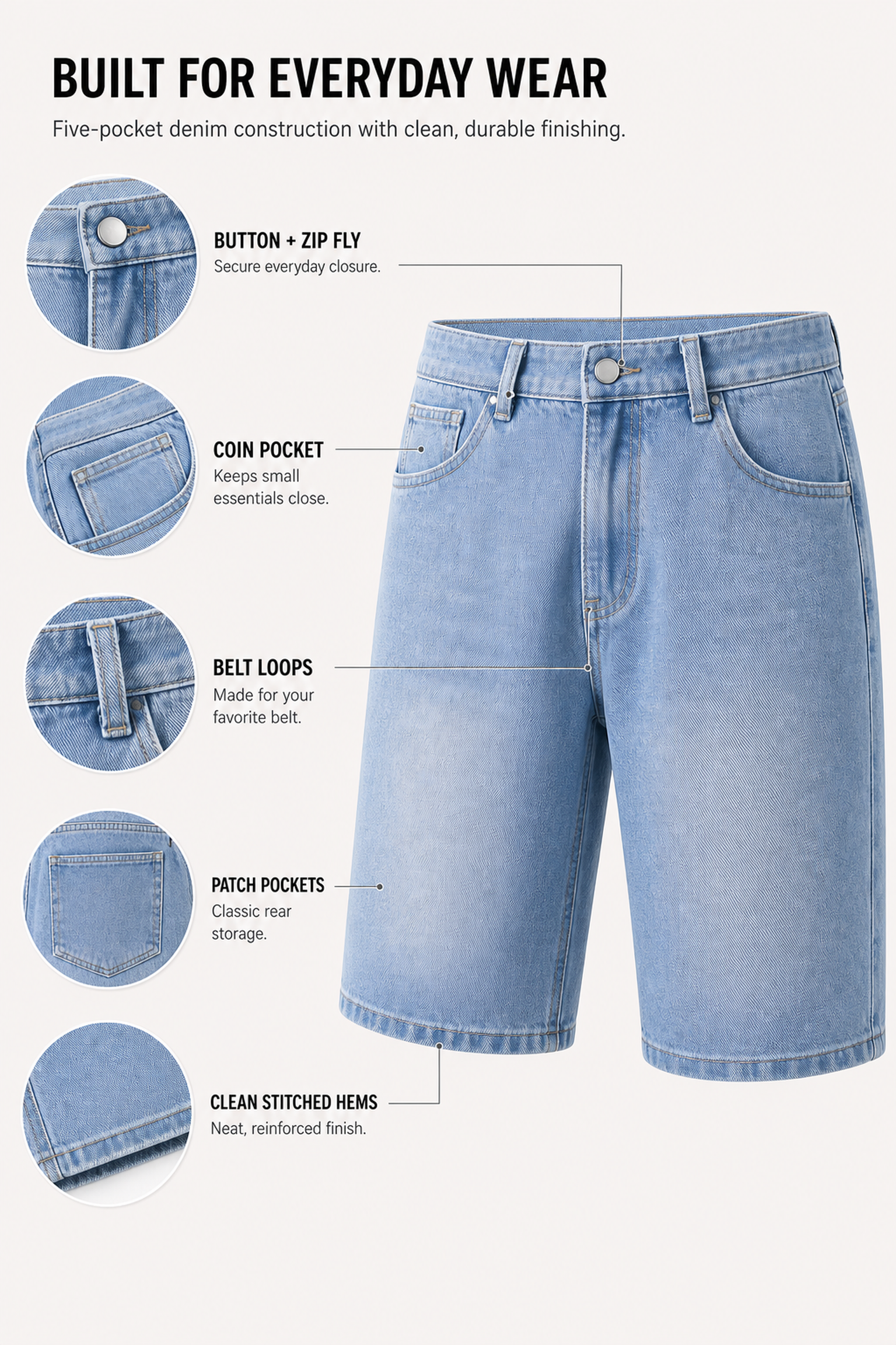 Five-pocket denim shorts feature map with fly coin pocket belt loops patch pockets and stitched hems