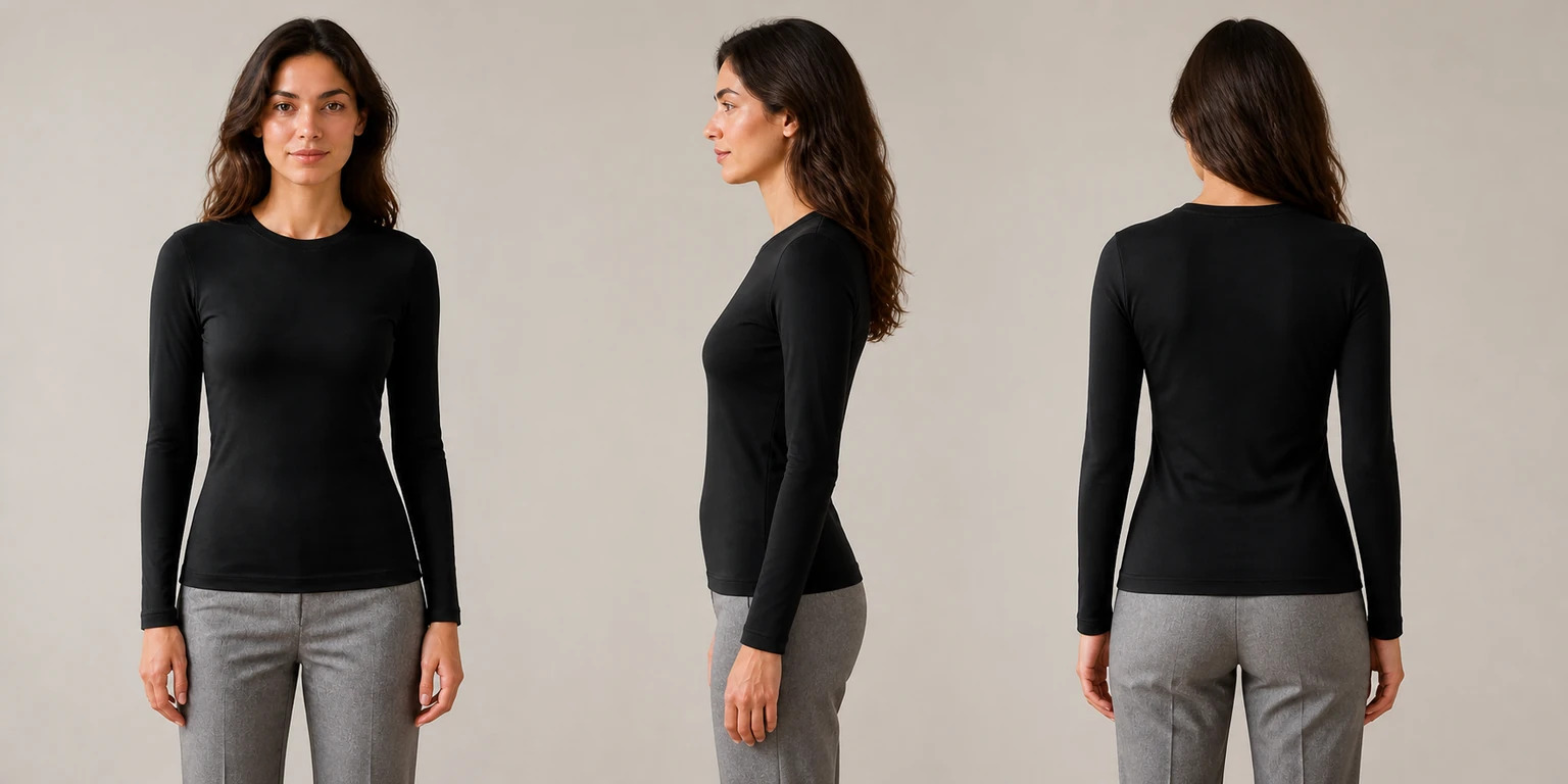 Natural-looking model wearing the Jet Black long-sleeve top in front, side and back views on one studio background