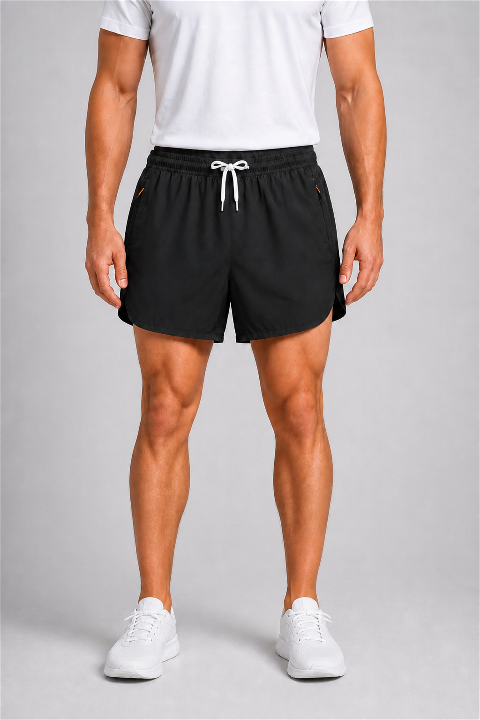 Large straight-on front fit view of black lined athletic shorts