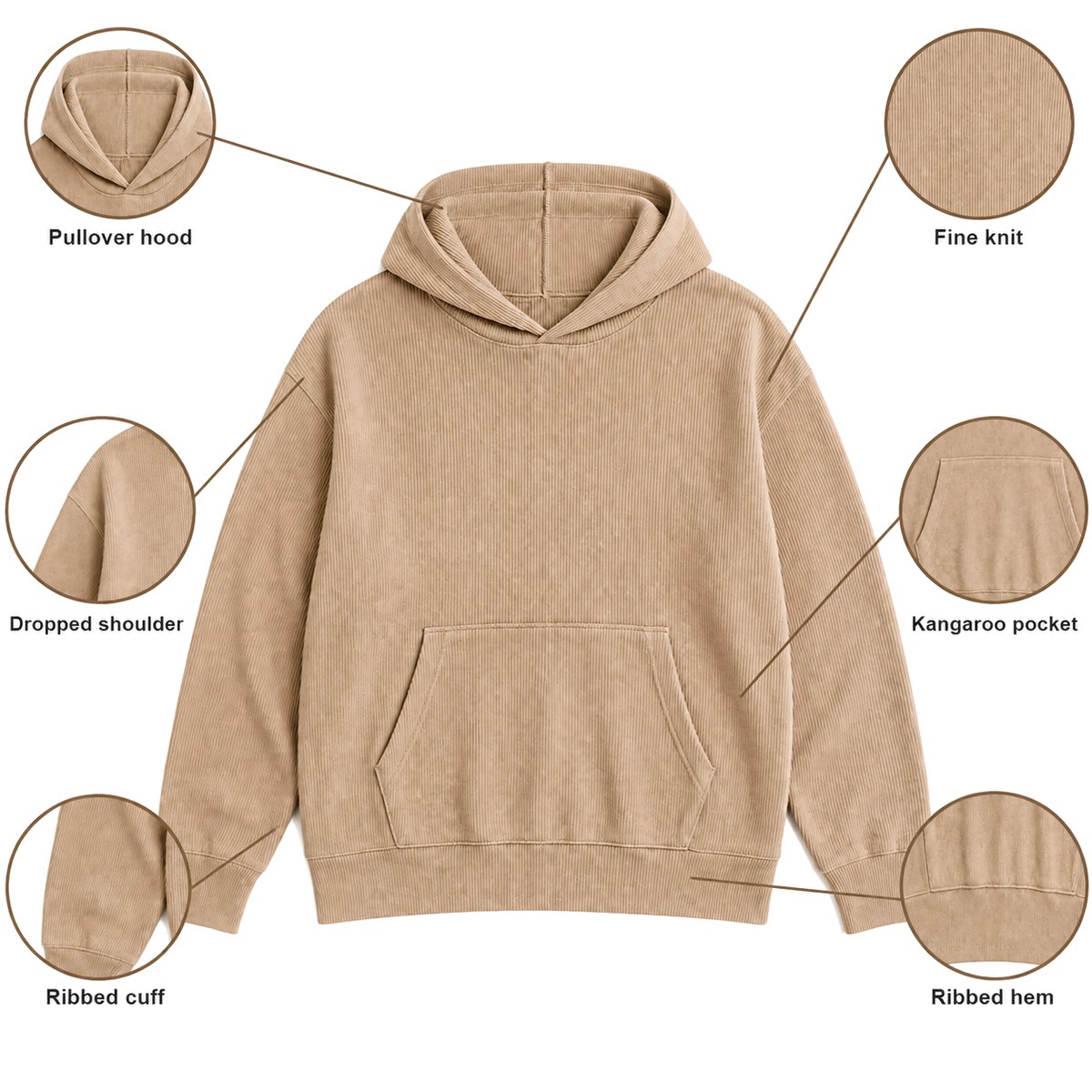 Complete beige pullover hoodie with dropped shoulders and kangaroo pocket