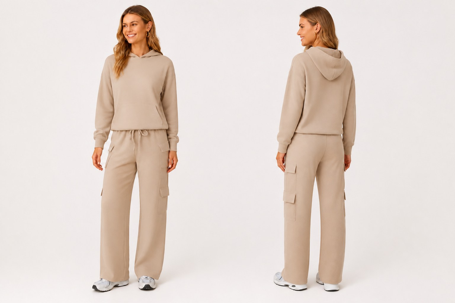 Front-oblique and back-oblique views of the beige hoodie and cargo-pants set
