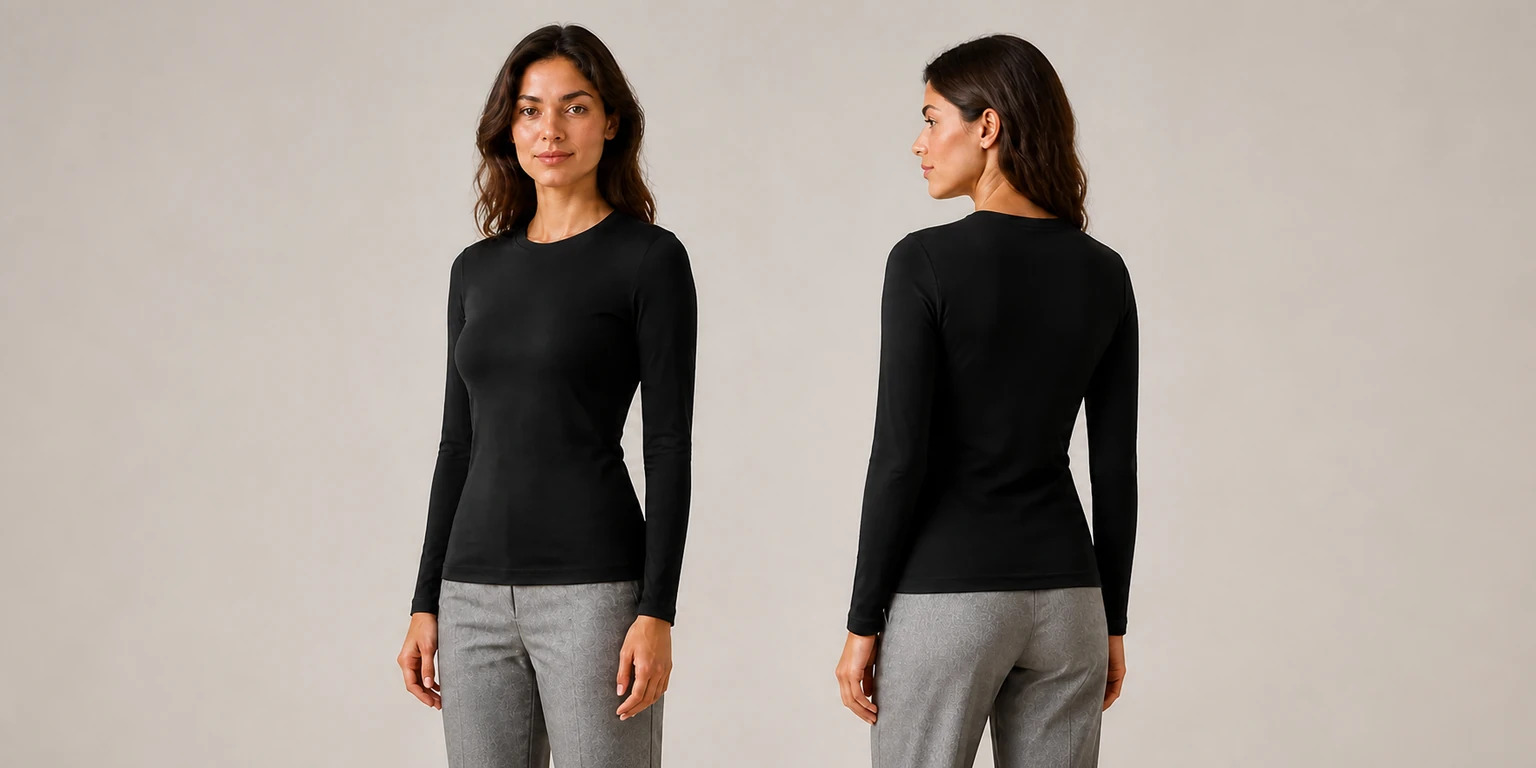Natural-looking model wearing the Jet Black long-sleeve top in front-oblique and back-oblique studio views with both back-oblique hands fully visible