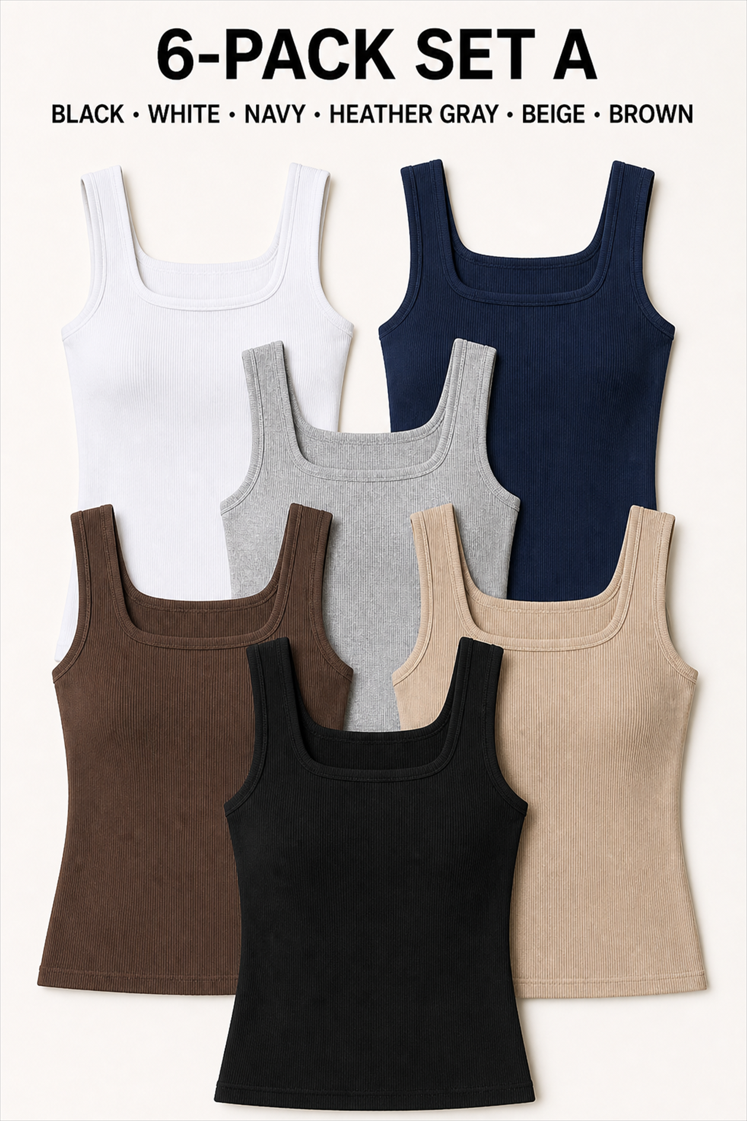 6-Pack Set A in Black, White, Navy, Heather Gray, Beige and Brown