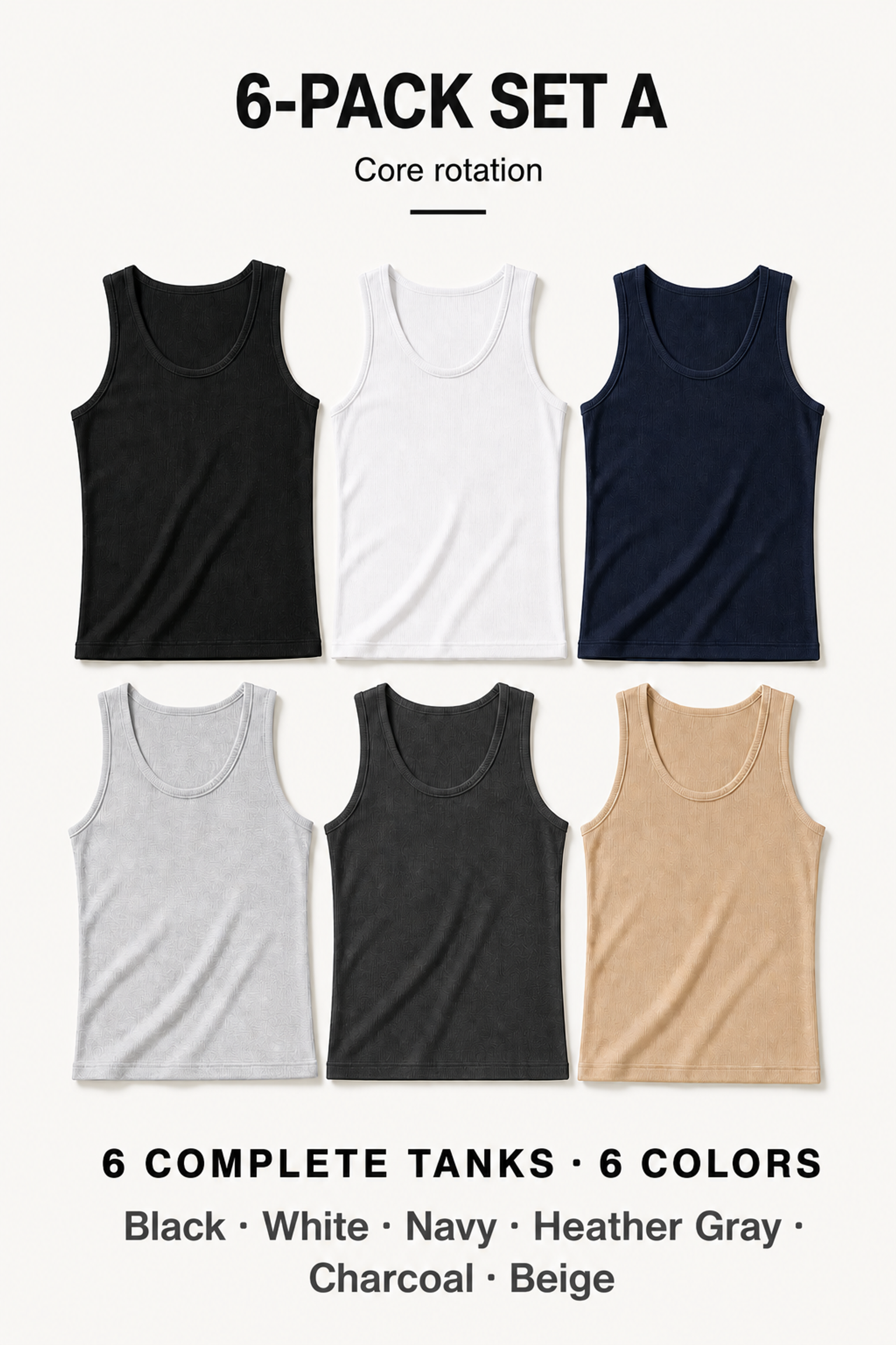 6-Pack Set A with Black, White, Navy, Heather Gray, Charcoal and Beige
