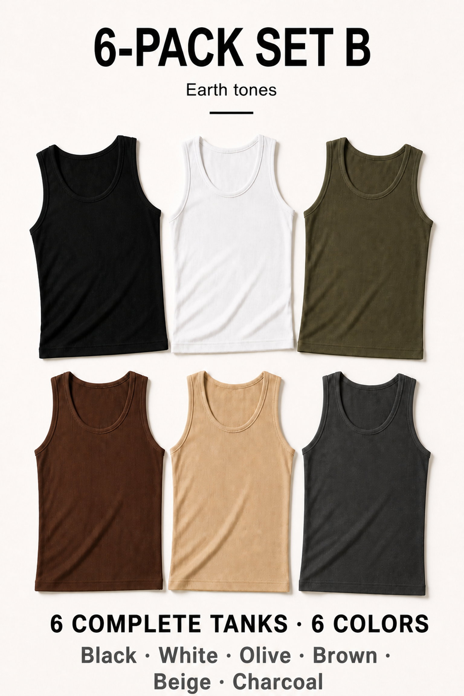 6-Pack Set B with Black, White, Olive, Brown, Beige and Charcoal